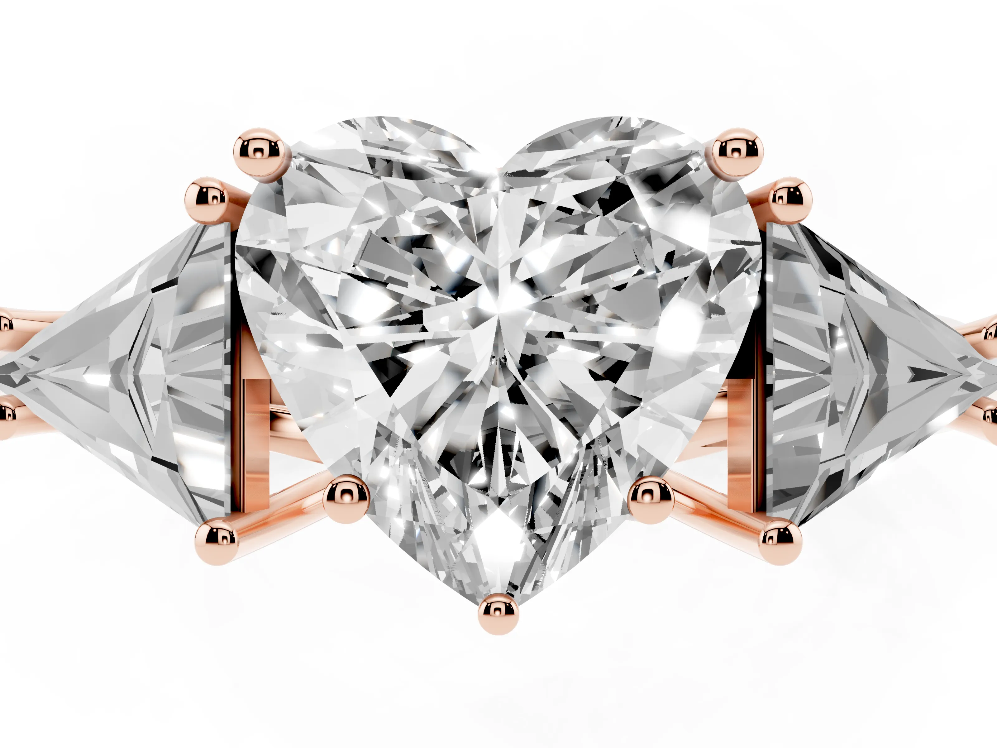 Heart Cut Diamond Three-Stone Engagement Ring Set in Rose gold with Trillion Side Stones