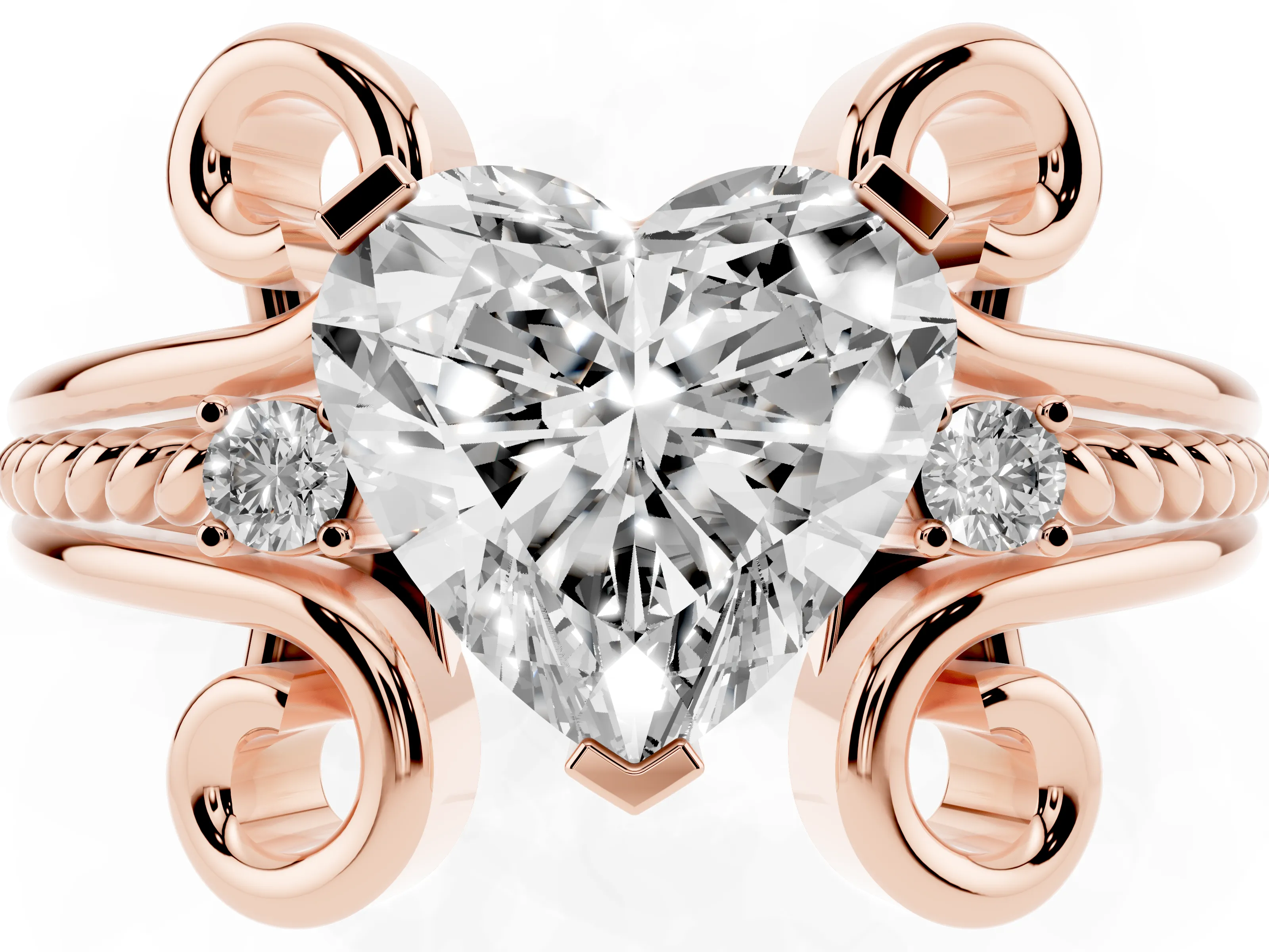Heart Cut Diamond Twisted Band Solitaire Ring Set in Rose gold with Scroll Prongs