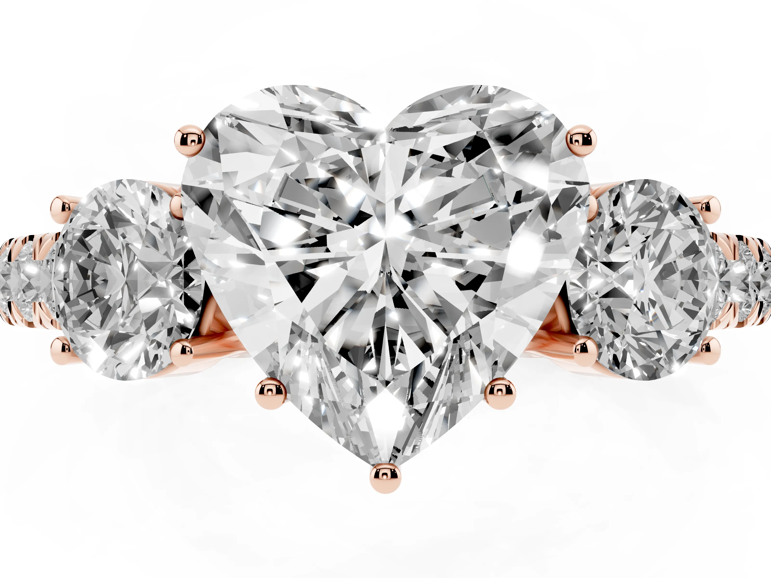 Heart Cut Diamond Three-Stone Ring Set in Rose gold with Round Side Stones and Delicate Pavé Band