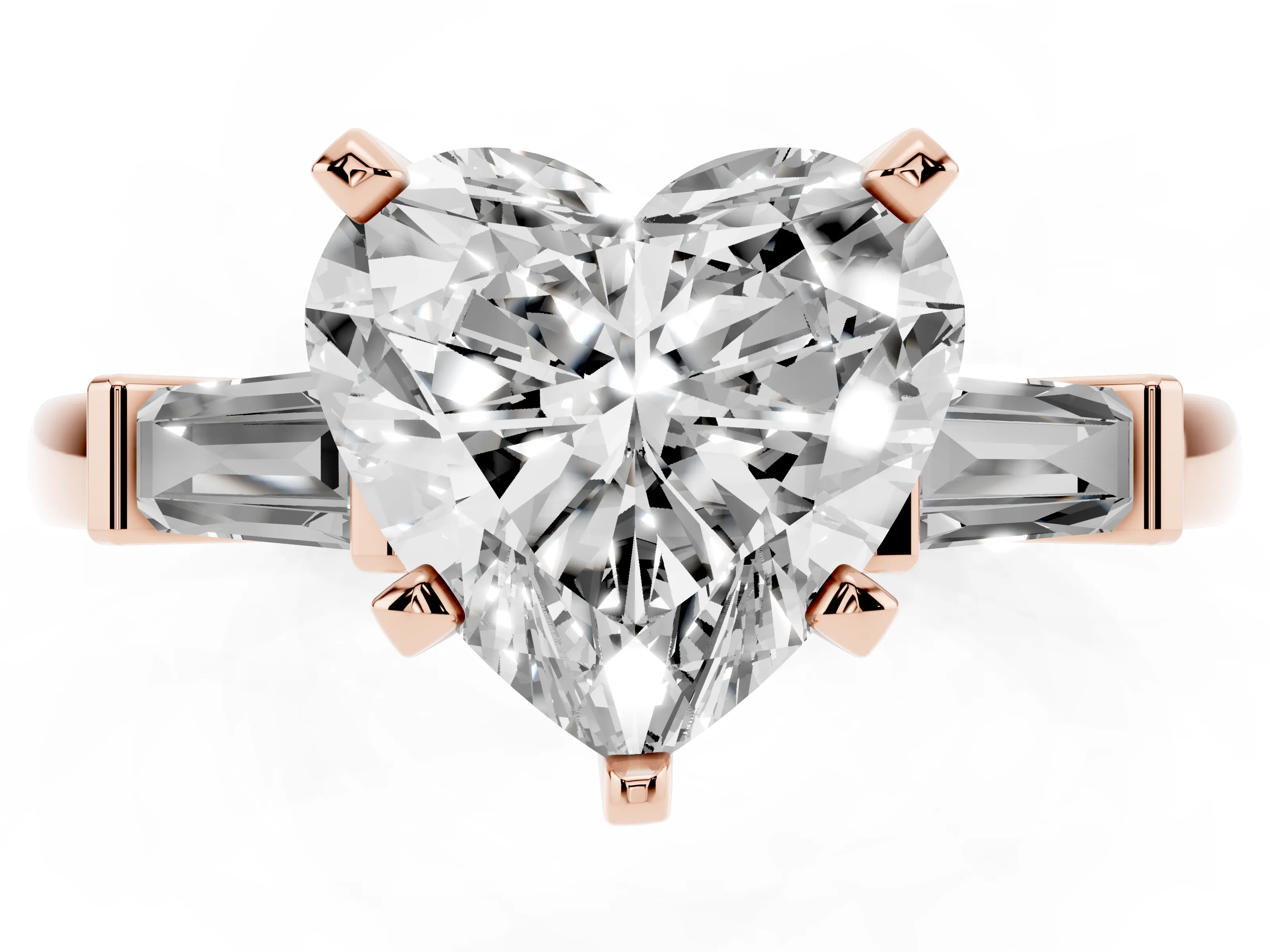 Heart Cut Diamond Solitaire Ring Set in Rose gold with Tapered Baguette Accents and Prong Setting