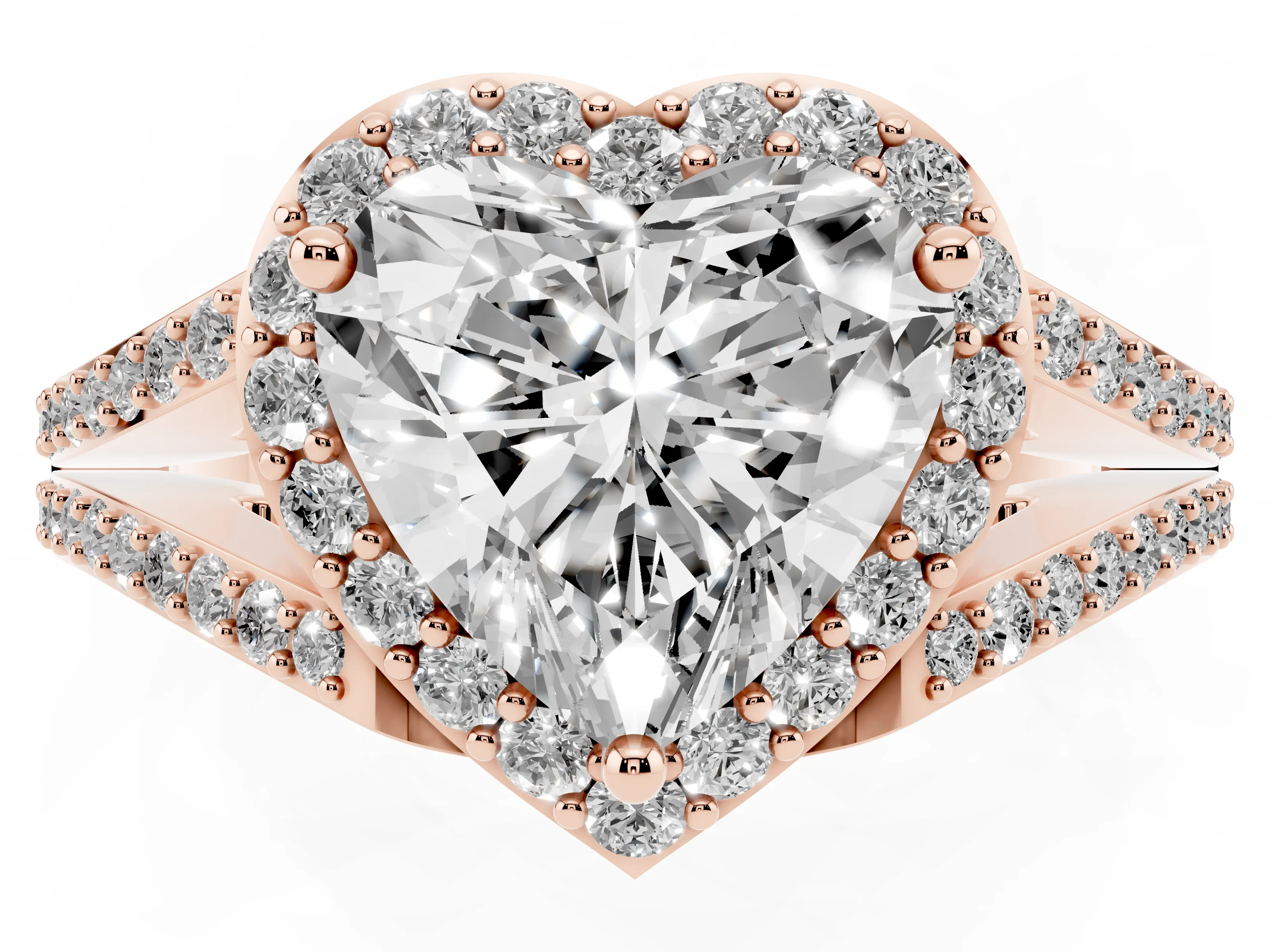 Heart Cut Diamond Halo Split Shank Pavé Ring Set in Rose gold with Prong Setting