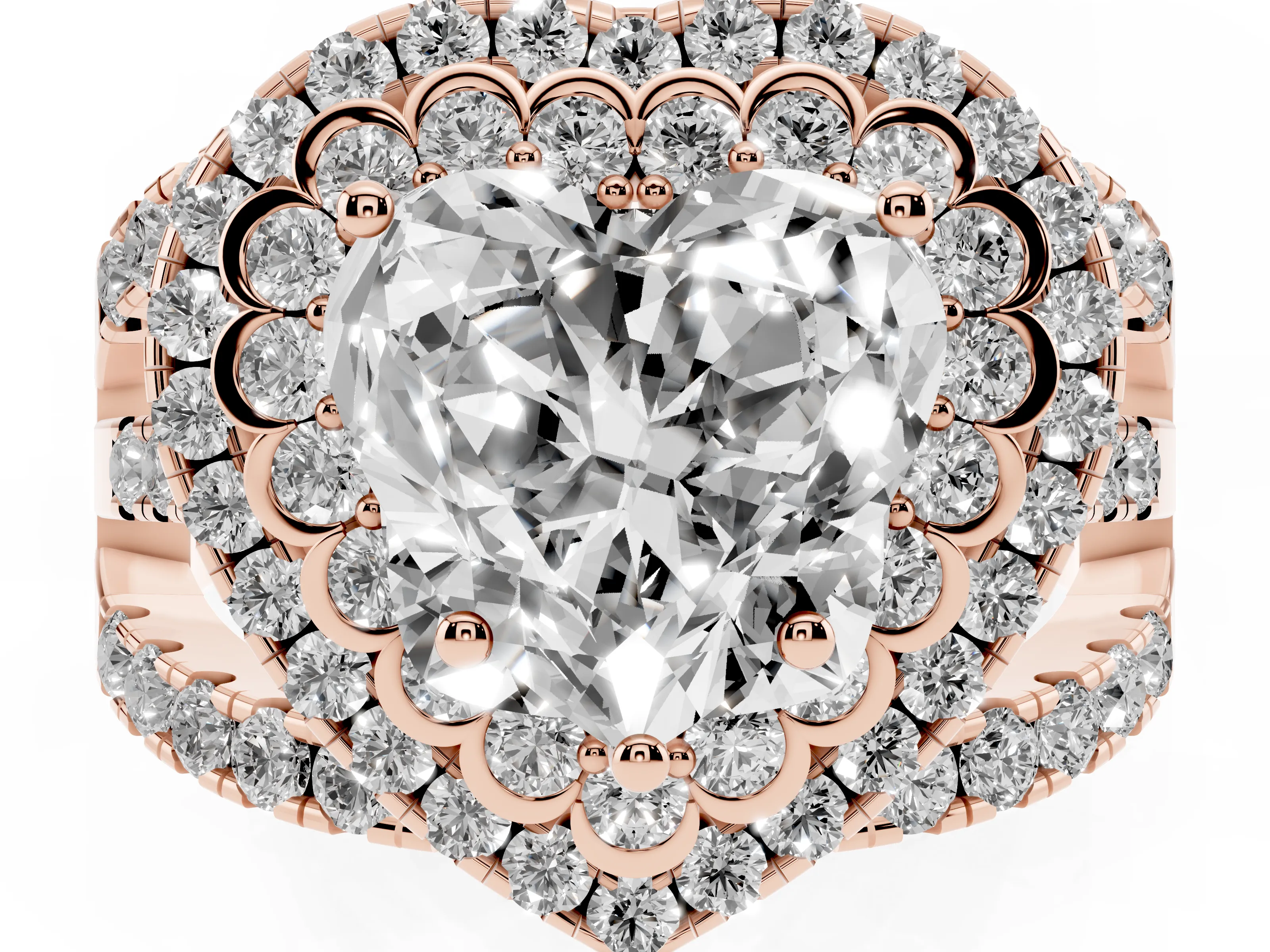 Heart Cut Diamond Double Halo Ring Set in Rose gold with Round Pavé Split Shank
