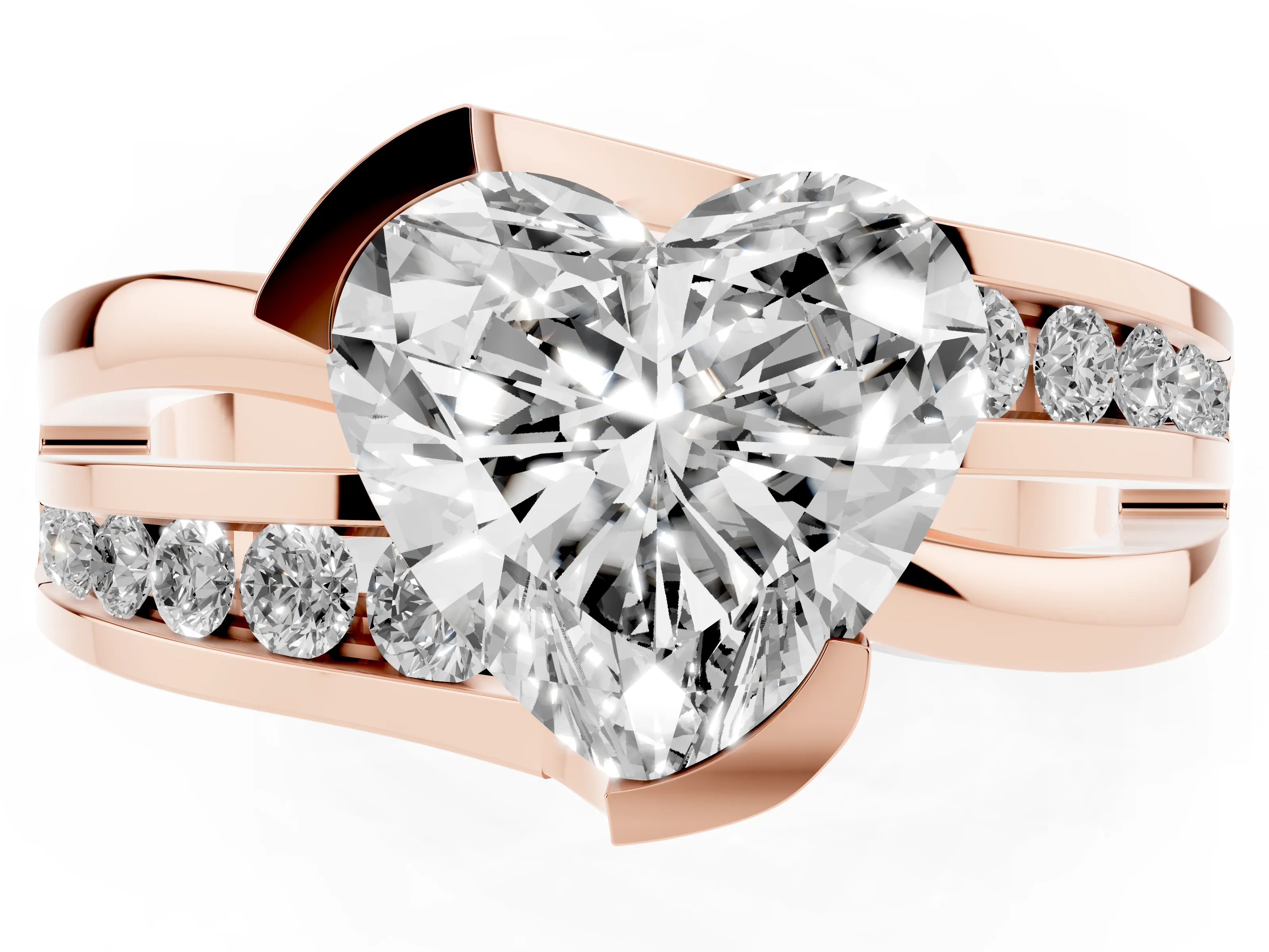 Heart Cut Diamond Solitaire Ring Set in Rose gold with Channel Set Split Shank and Tension Prongs