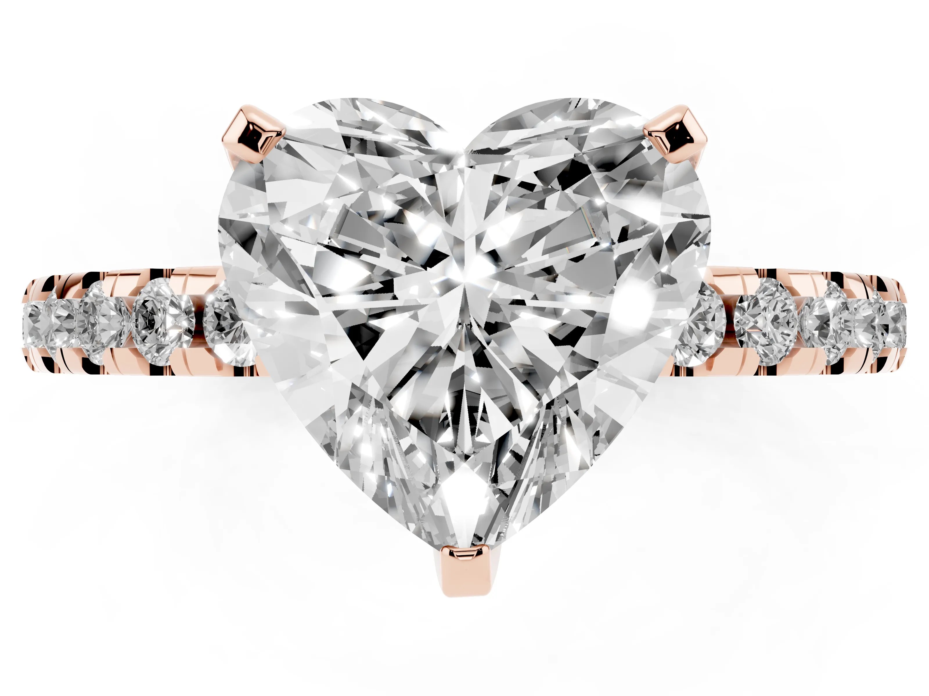 Heart Cut Diamond Pavé Solitaire Ring Set in Rose gold with Round Band Accents and Prong Setting