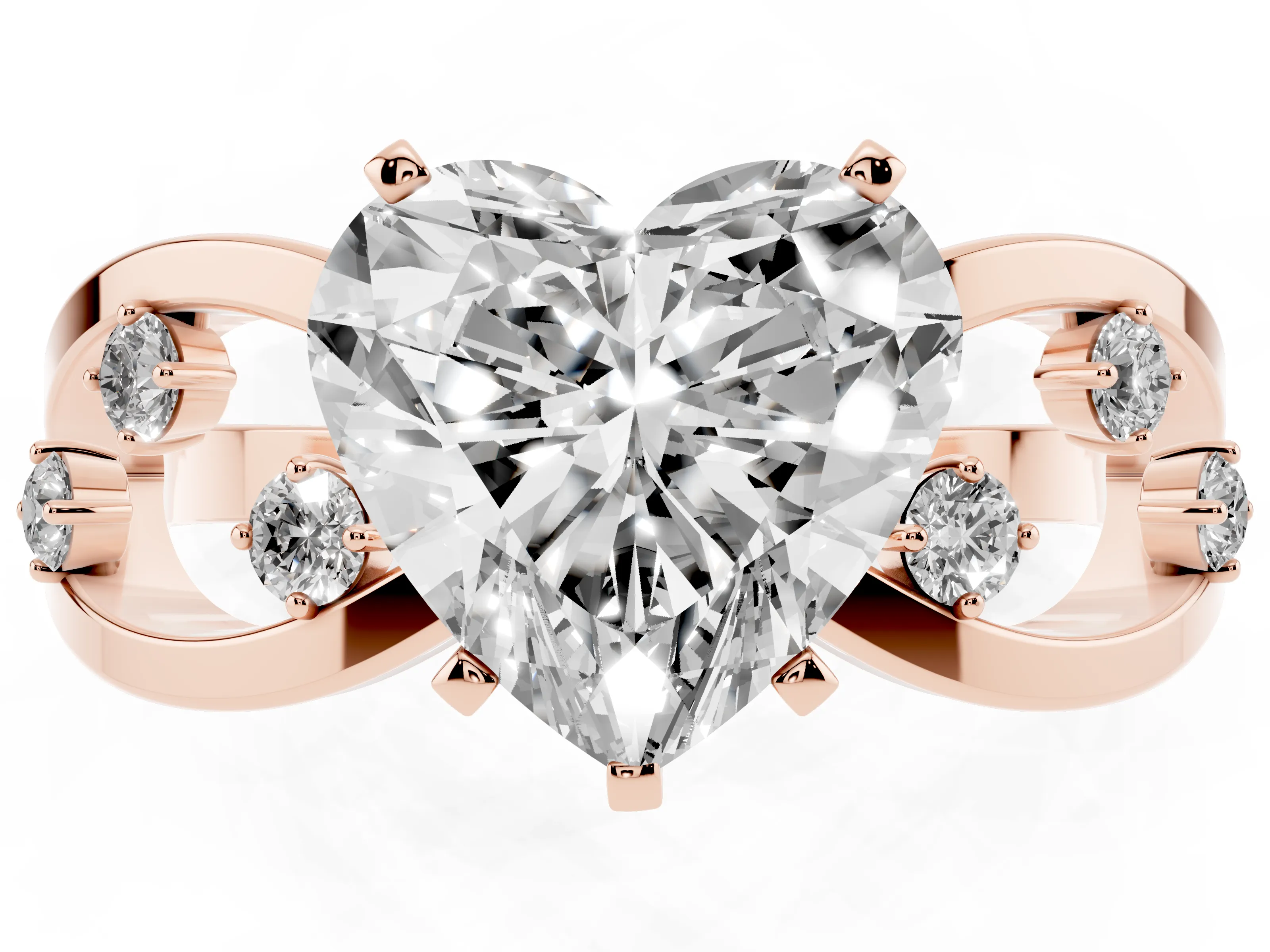 Heart Cut Diamond Solitaire Ring Set in Rose gold with Side Stones on Criss-Cross Band and Prong Setting