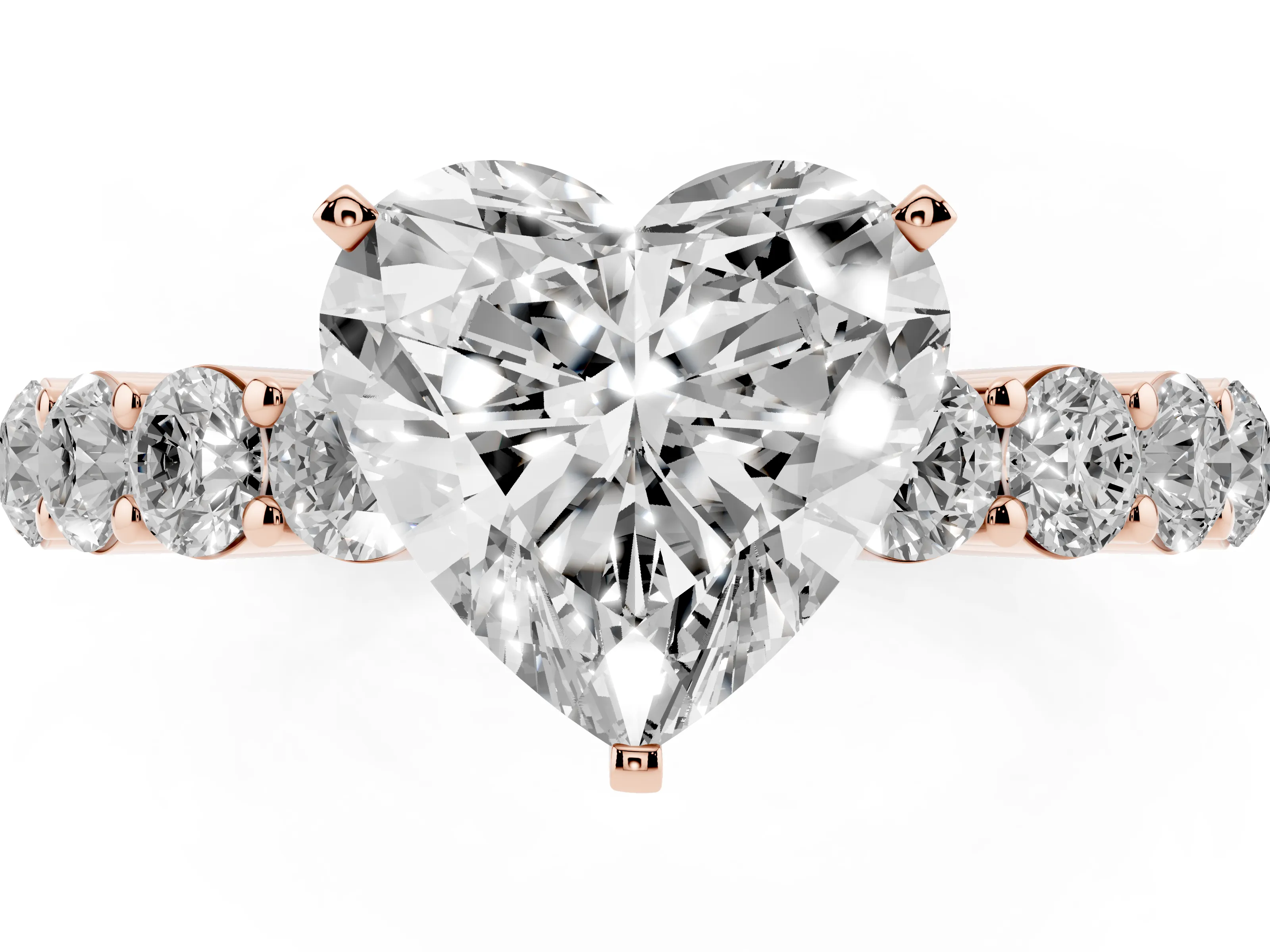 Heart Cut Diamond Solitaire Ring Set in Rose gold with Shared Prong Round Side Stones