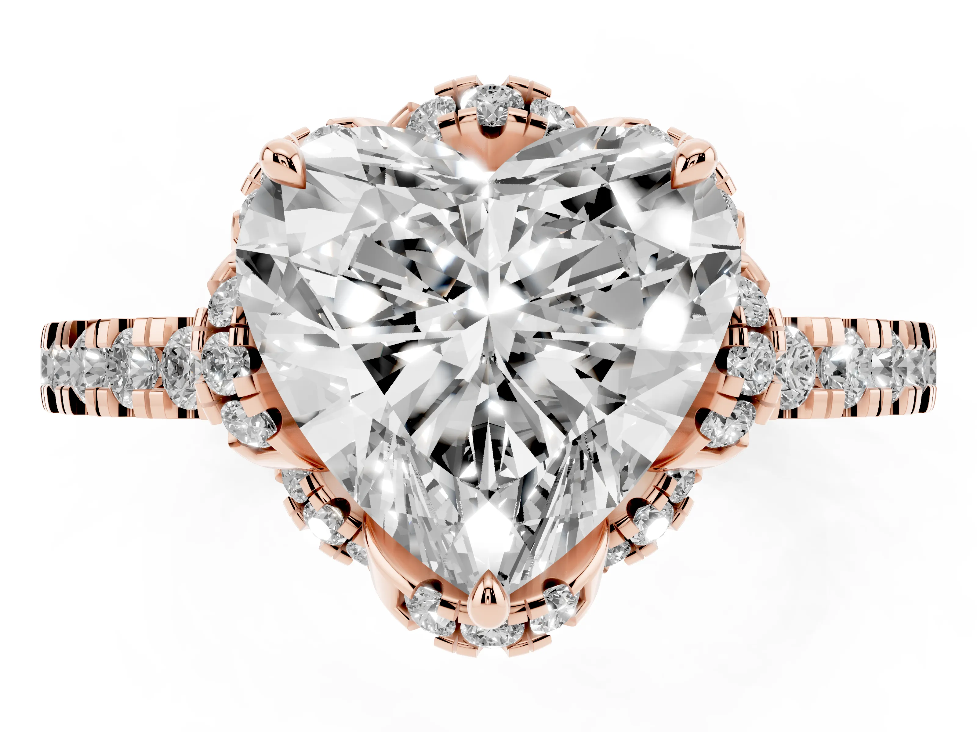 Heart Cut Diamond Halo Pavé Band Ring Set in Rose gold with Prong-Held Center