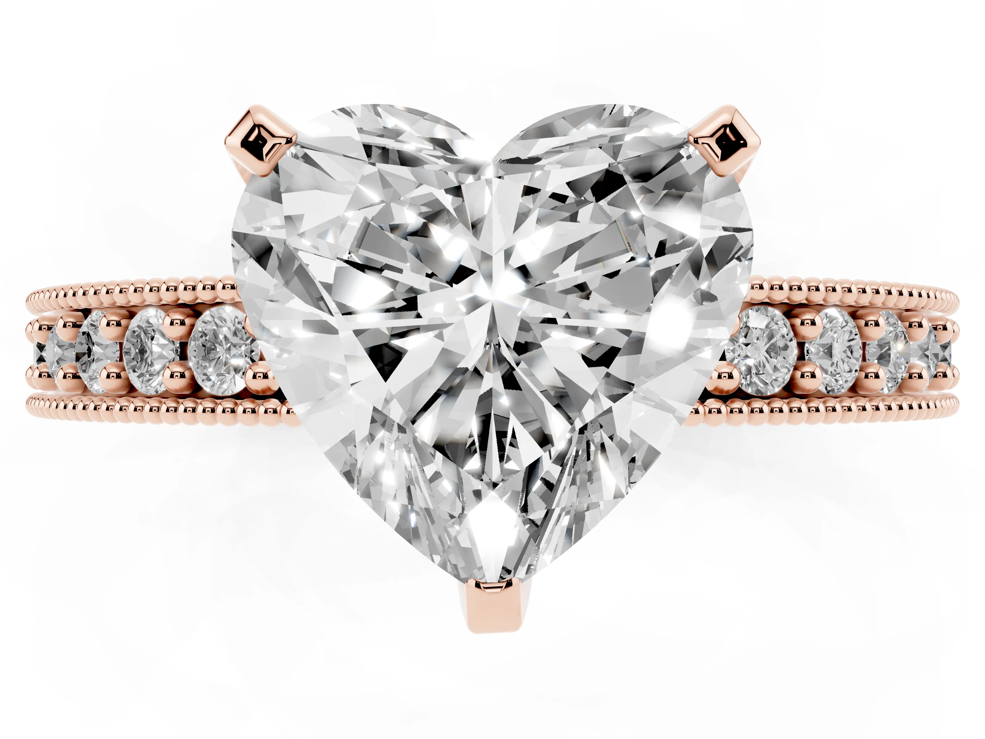 Heart Cut Diamond Milgrain Pavé Engagement Ring Set in Rose gold with Prong Setting