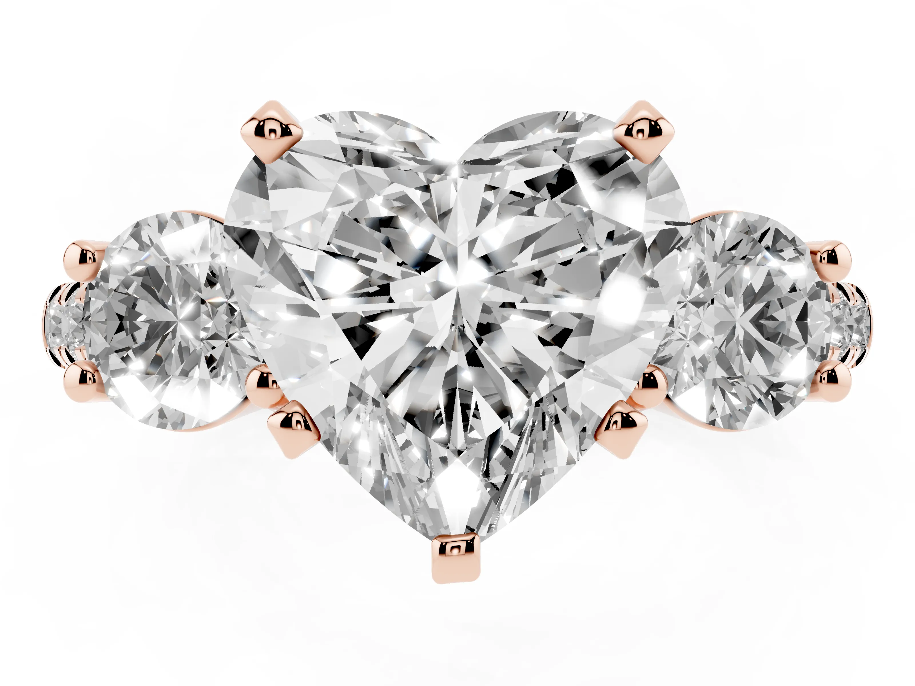 Three-Stone Heart Cut Diamond Pavé Band Ring Set in Rose gold with Prong-Set Trio