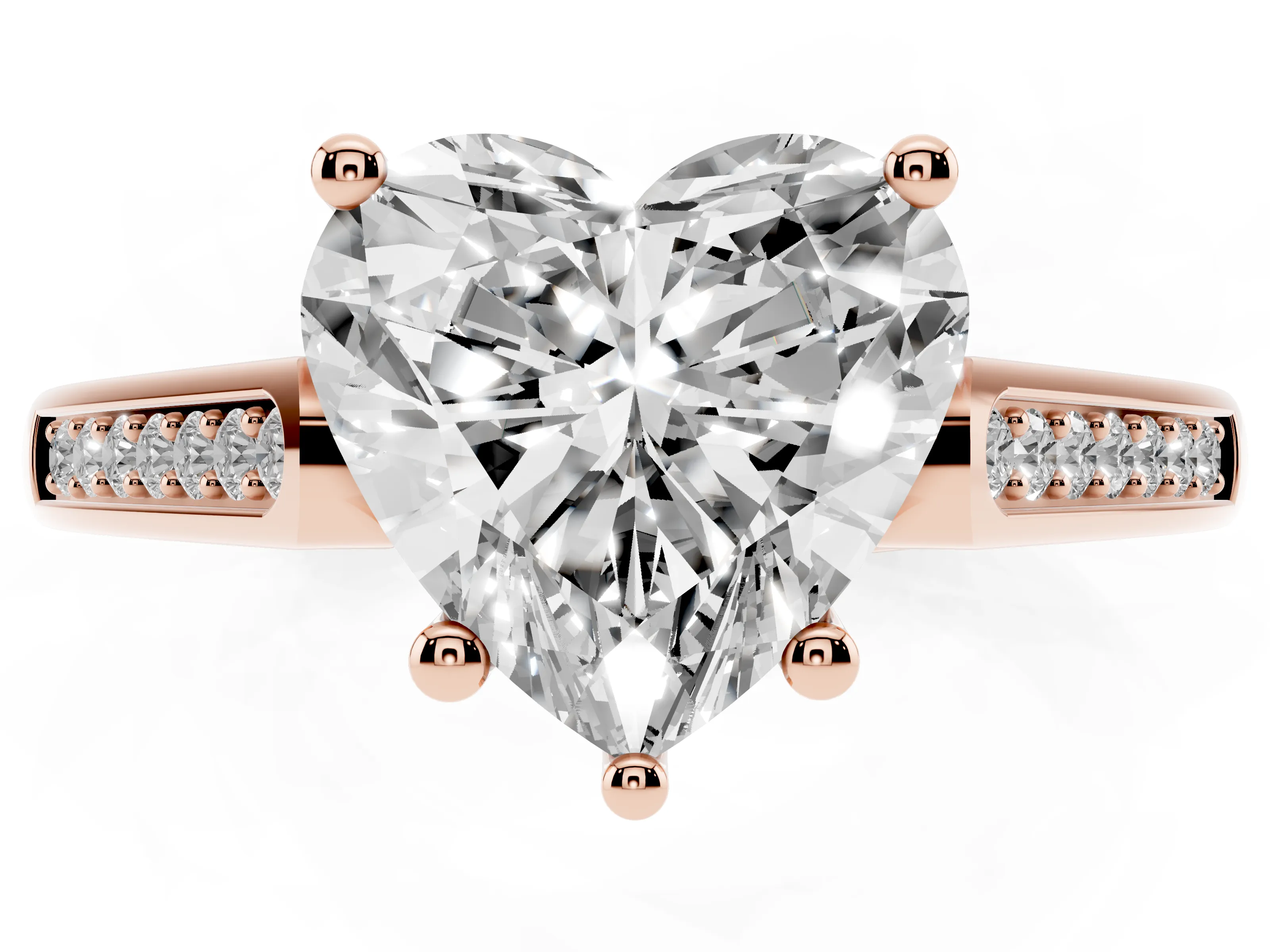 Heart Cut Diamond Solitaire Cathedral Engagement Ring Set in Rose gold with Channel-Set Band and Prong Setting