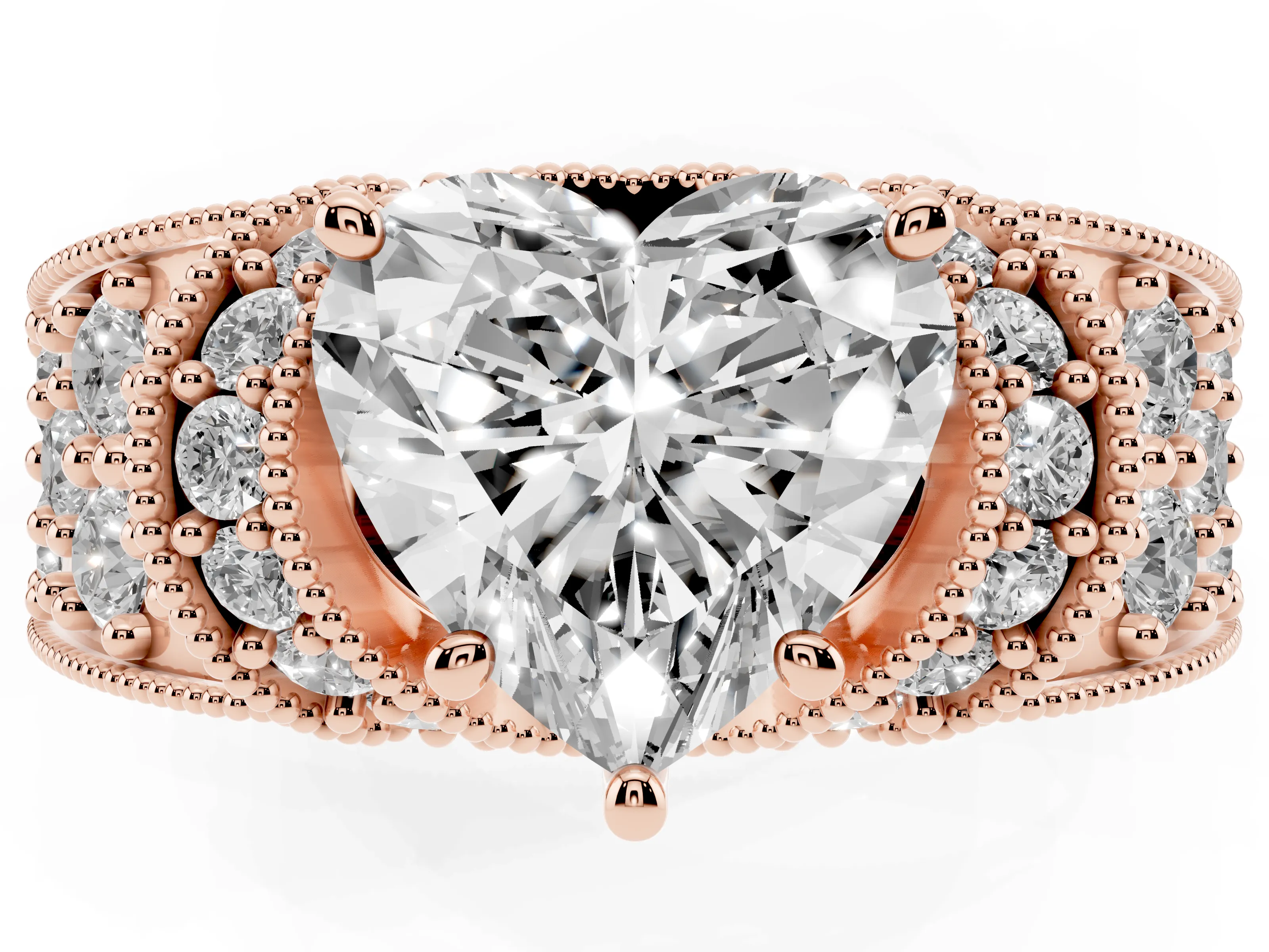 Heart Cut Diamond Milgrain Halo Pavé Engagement Ring Set in Rose gold with Prong Setting