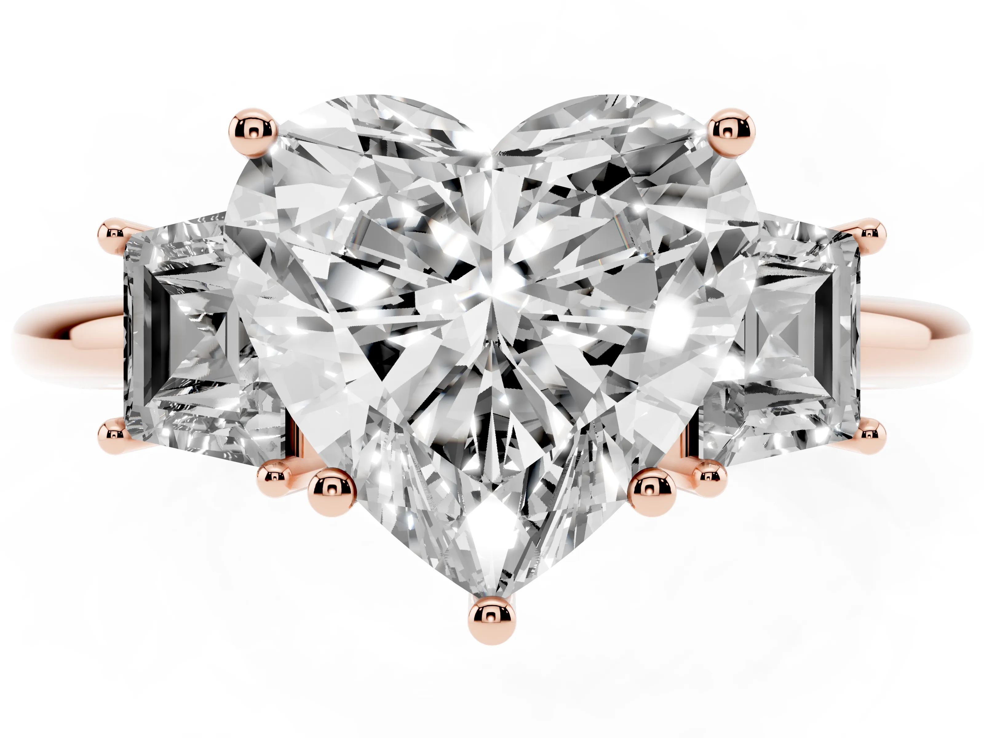 Heart Cut Diamond Three-Stone Ring Set in Rose gold with Trapezoid Side Stones and Prong Setting
