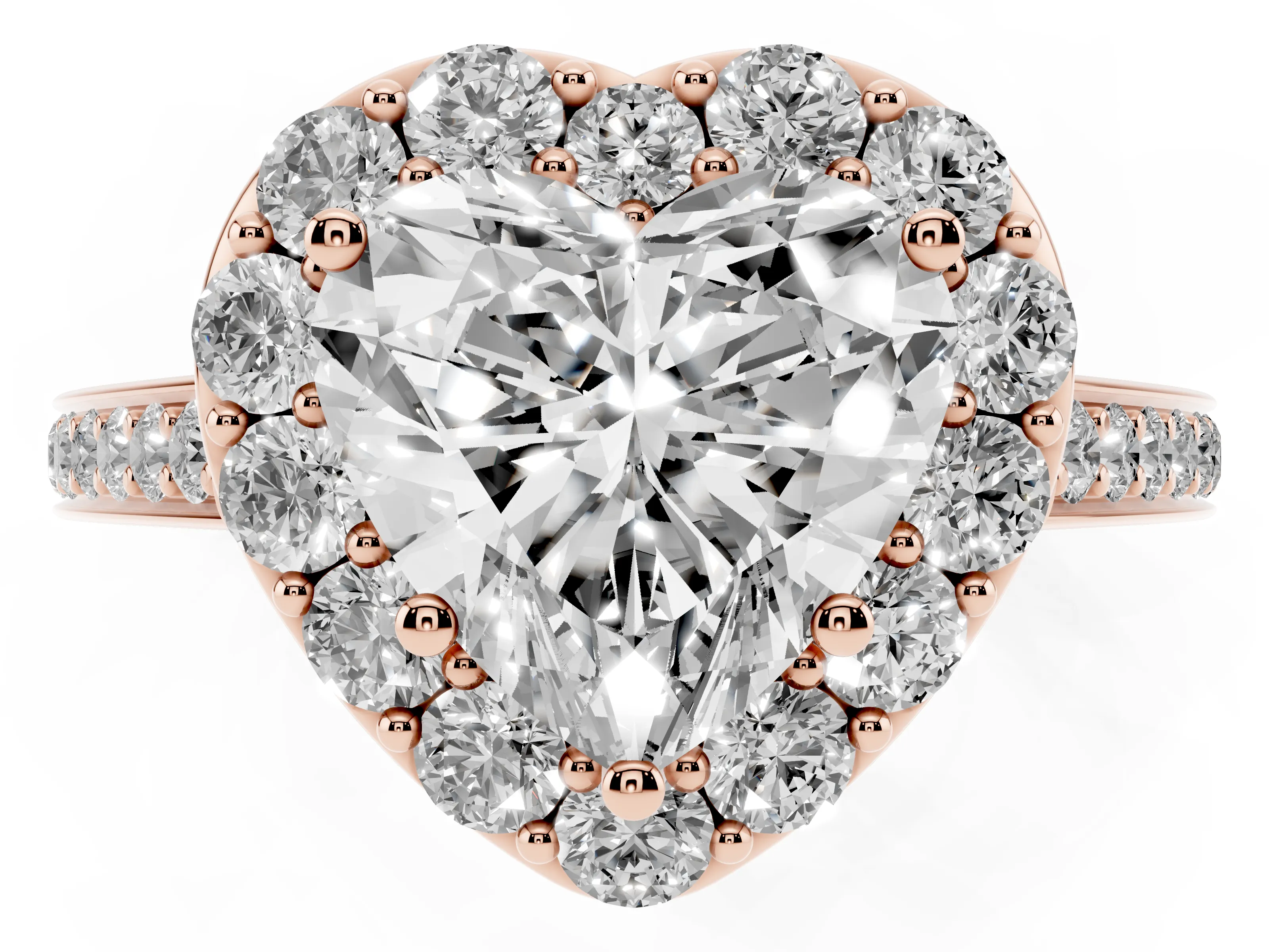 Heart Cut Diamond Floral Halo Ring Set in Rose gold with Pavé Band and Prong Setting