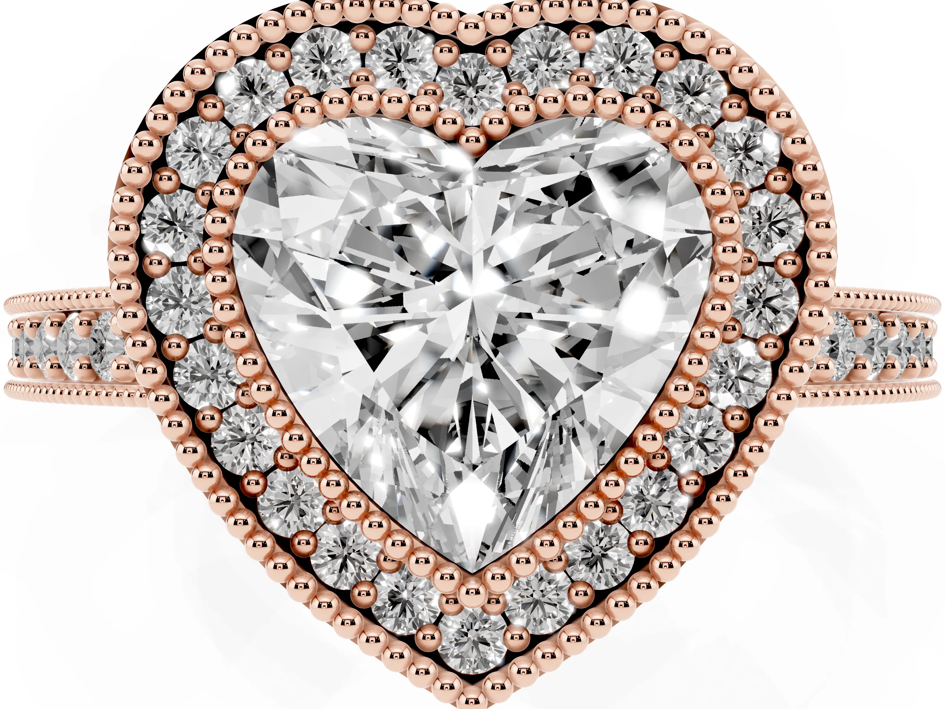 Heart Cut Diamond Halo Engagement Ring Set in Rose gold with Pavé Band and Round Halo Stones