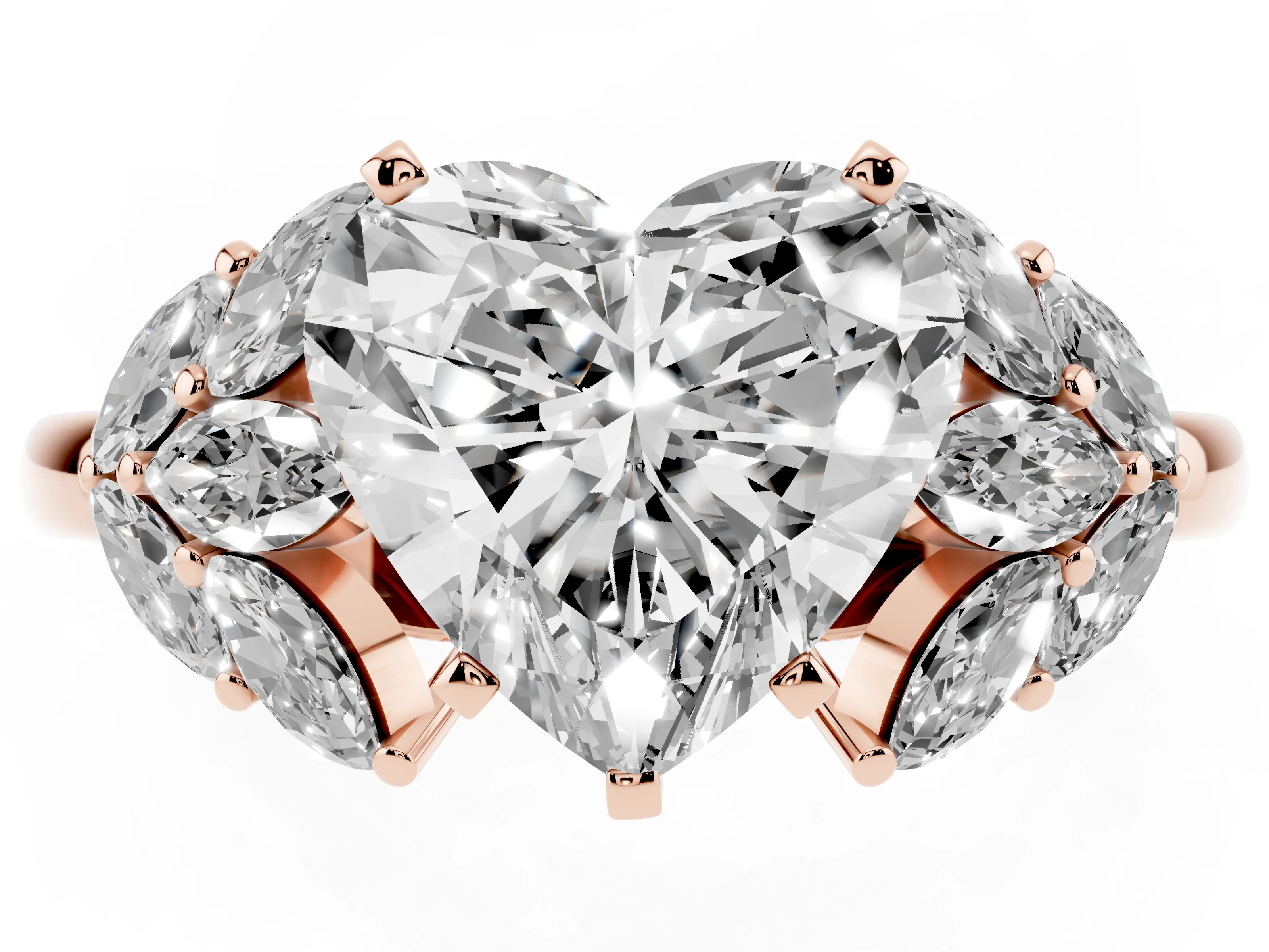 Heart Cut Diamond Cluster Leaf Design Ring Set in Rose gold with Prong Setting