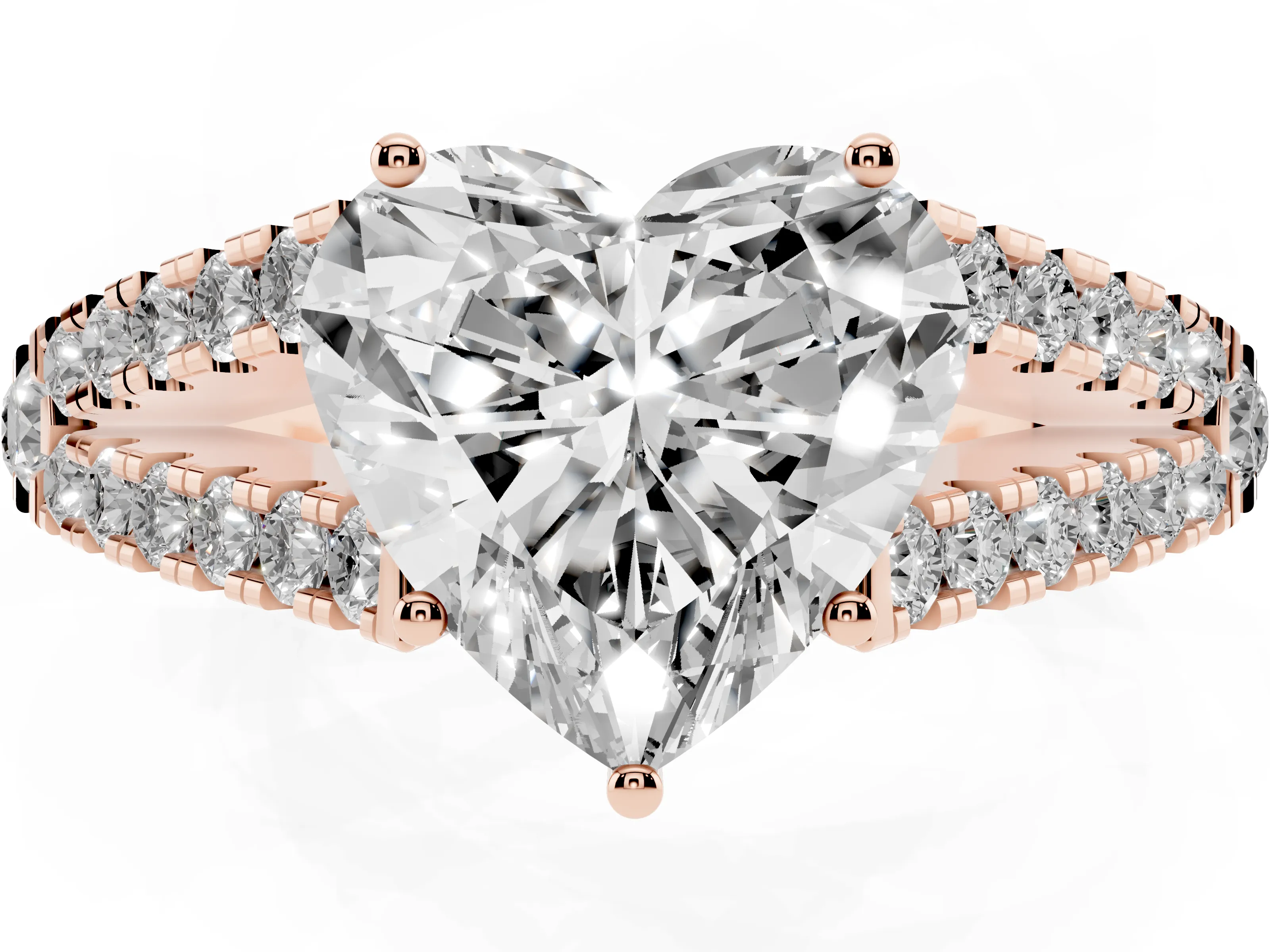 Heart Cut Diamond Split Shank Pavé Engagement Ring Set in Rose gold with Prong-Held Center Stone
