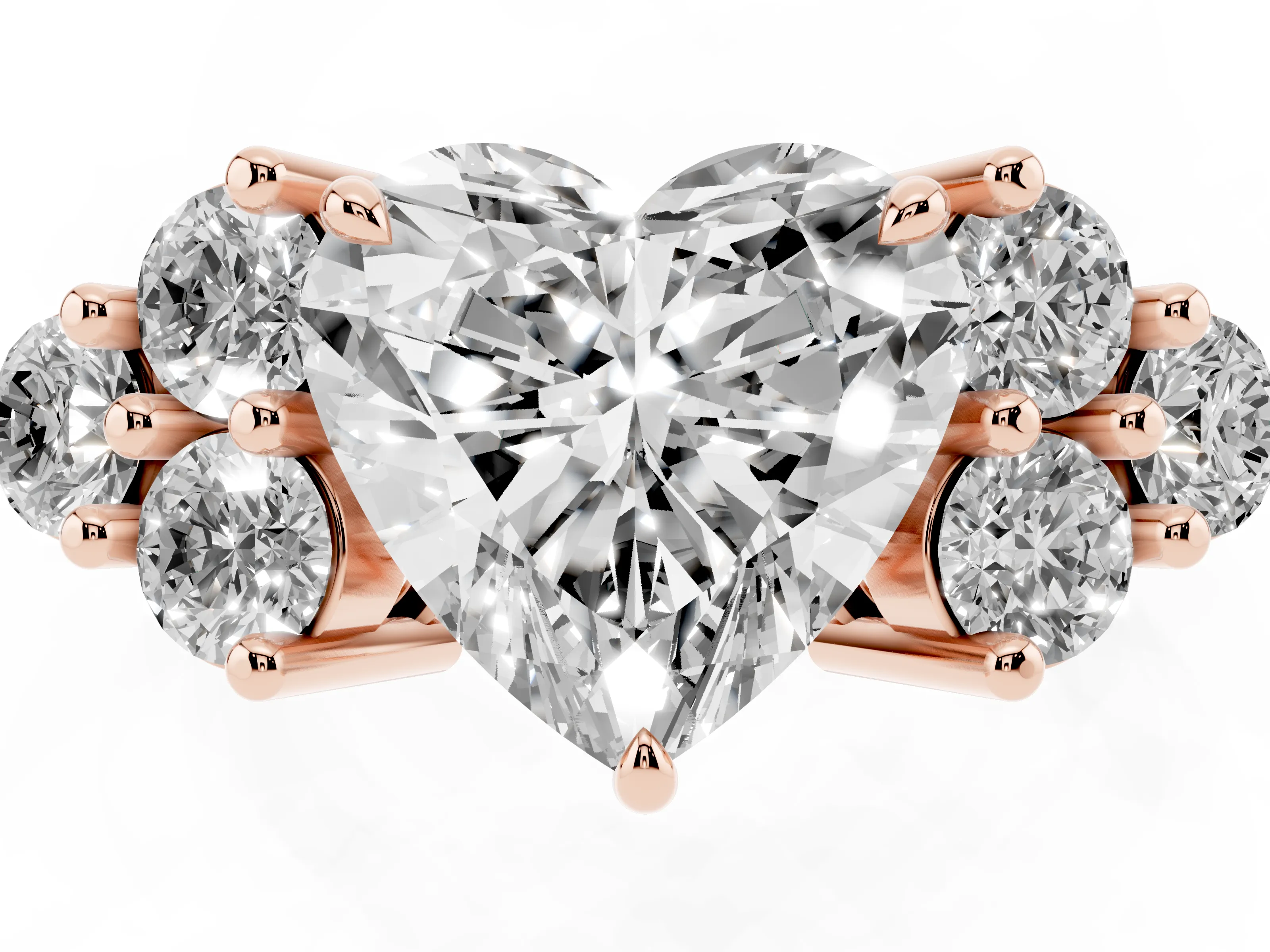 Heart Cut Diamond Solitaire Ring Set in Rose gold with Cluster Accents on Each Side