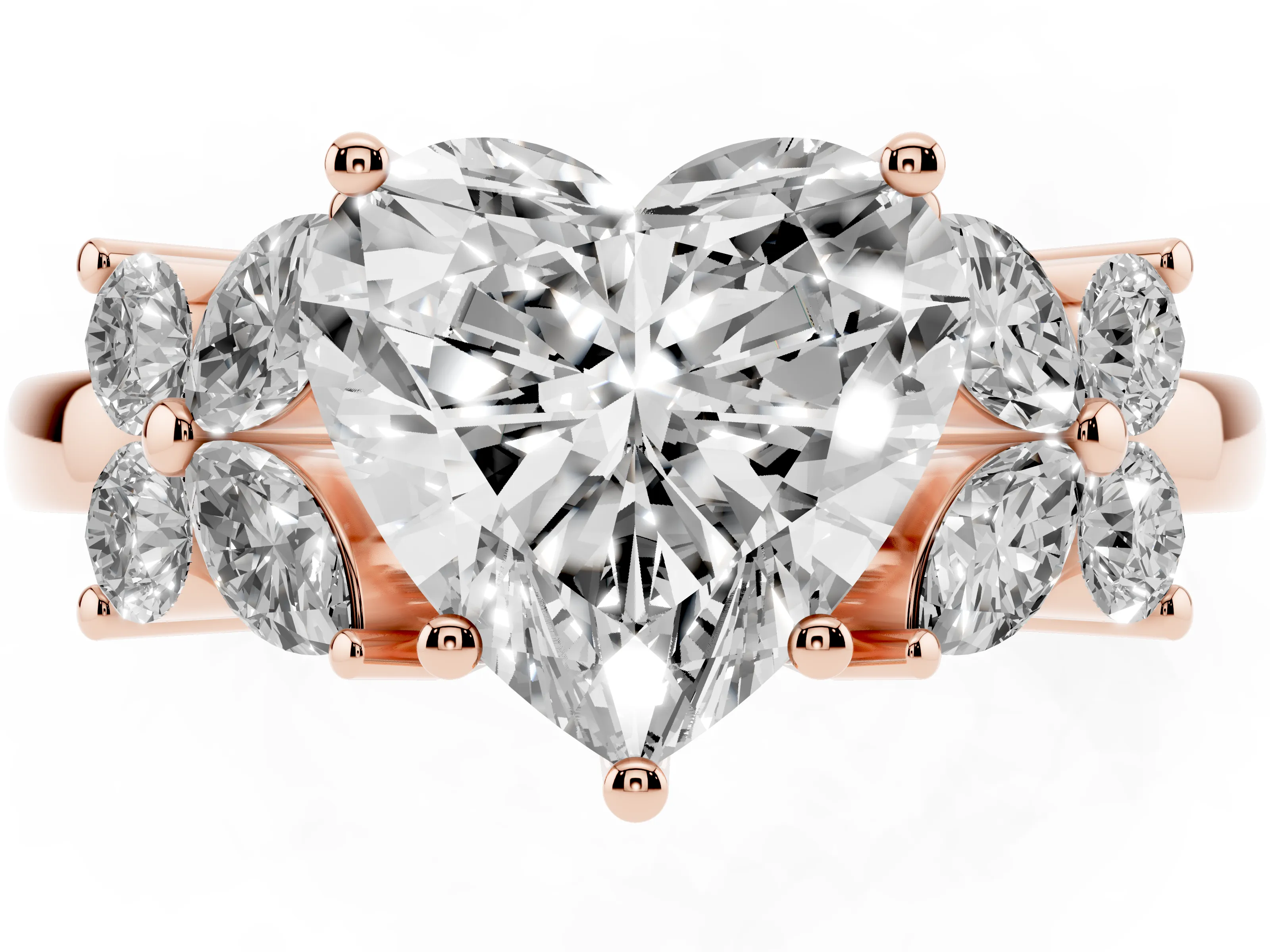 Heart Cut Diamond Floral Cluster Ring Set in Rose gold with Marquise Petals and Prong Setting