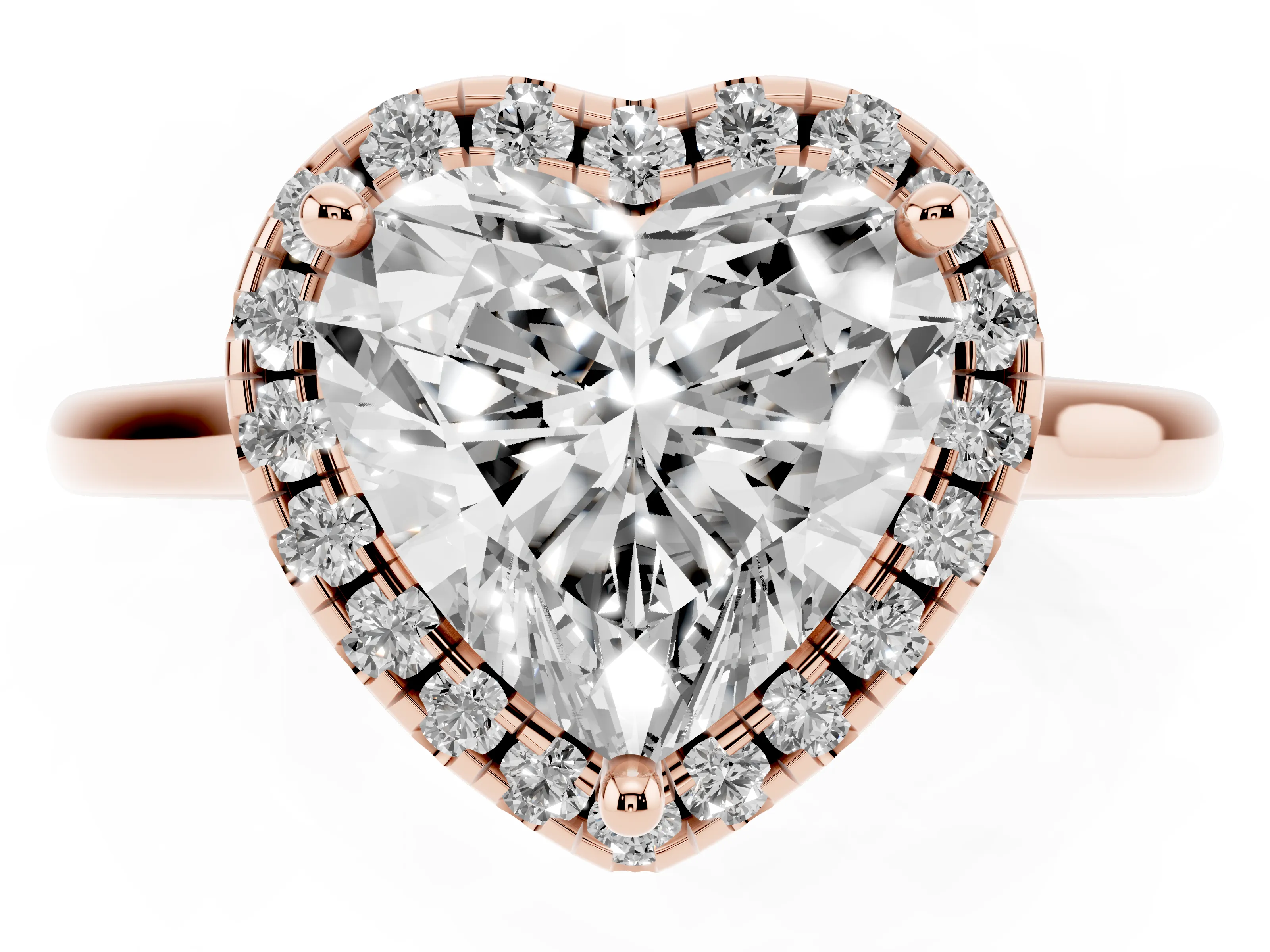 Heart Cut Diamond Halo Engagement Ring Set in Rose gold with Pavé Band and Rising Shoulders