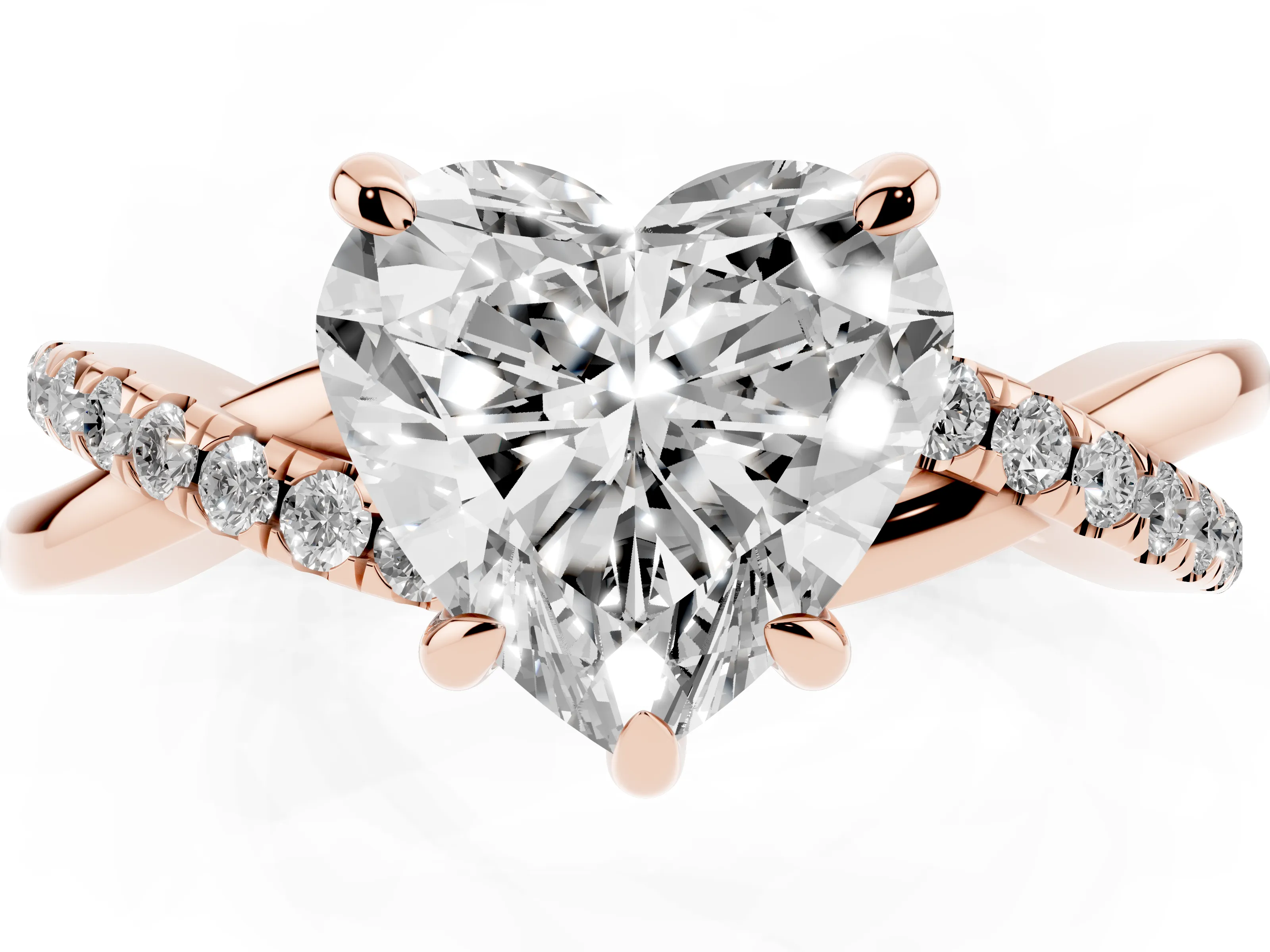Heart Cut Diamond Twist Band Solitaire Set in Rose gold with Pavé Accents and Prong Setting