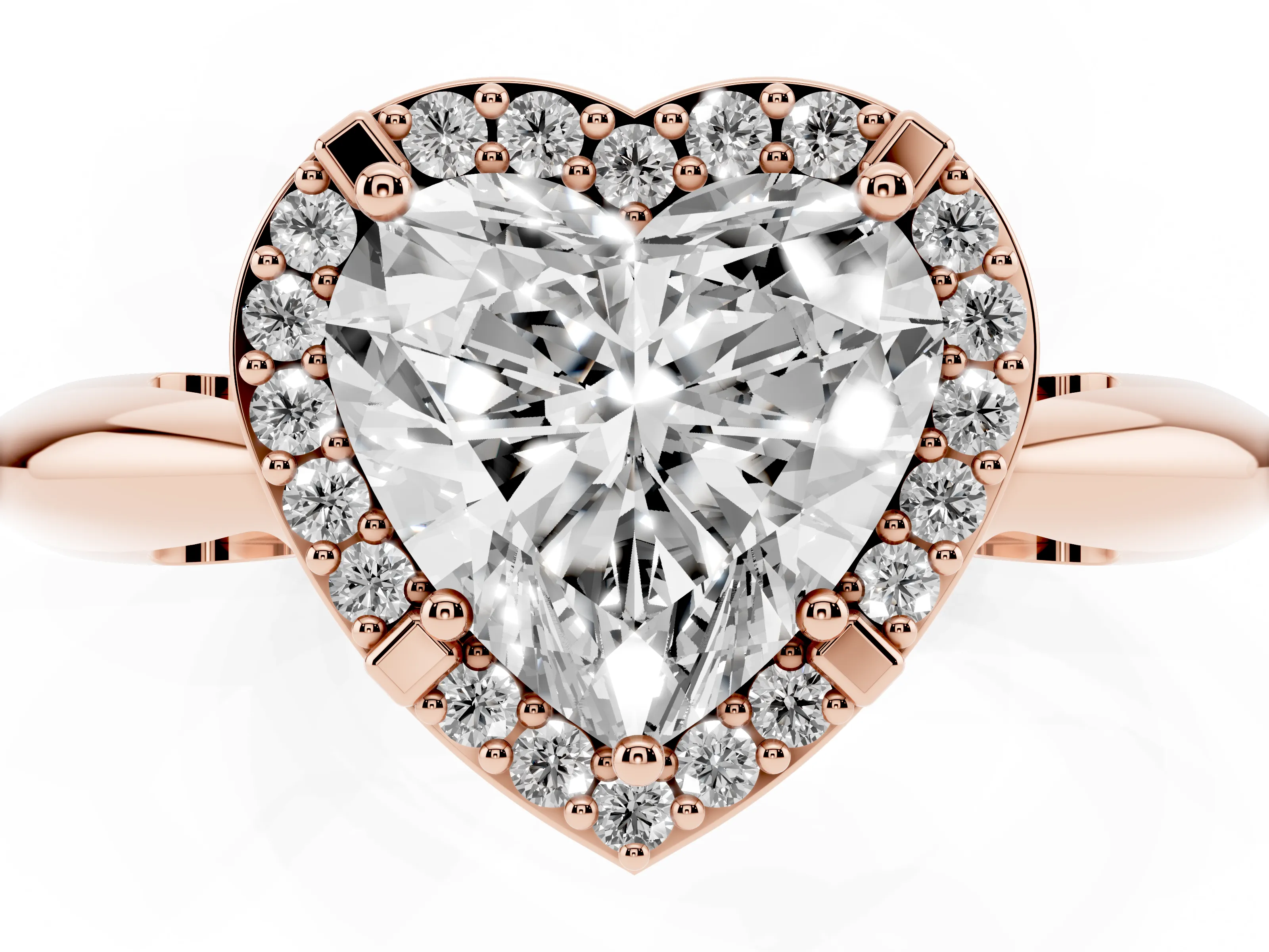 Heart Cut Diamond Halo Engagement Ring Set in Rose gold with Plain Split Shank and Prong Setting