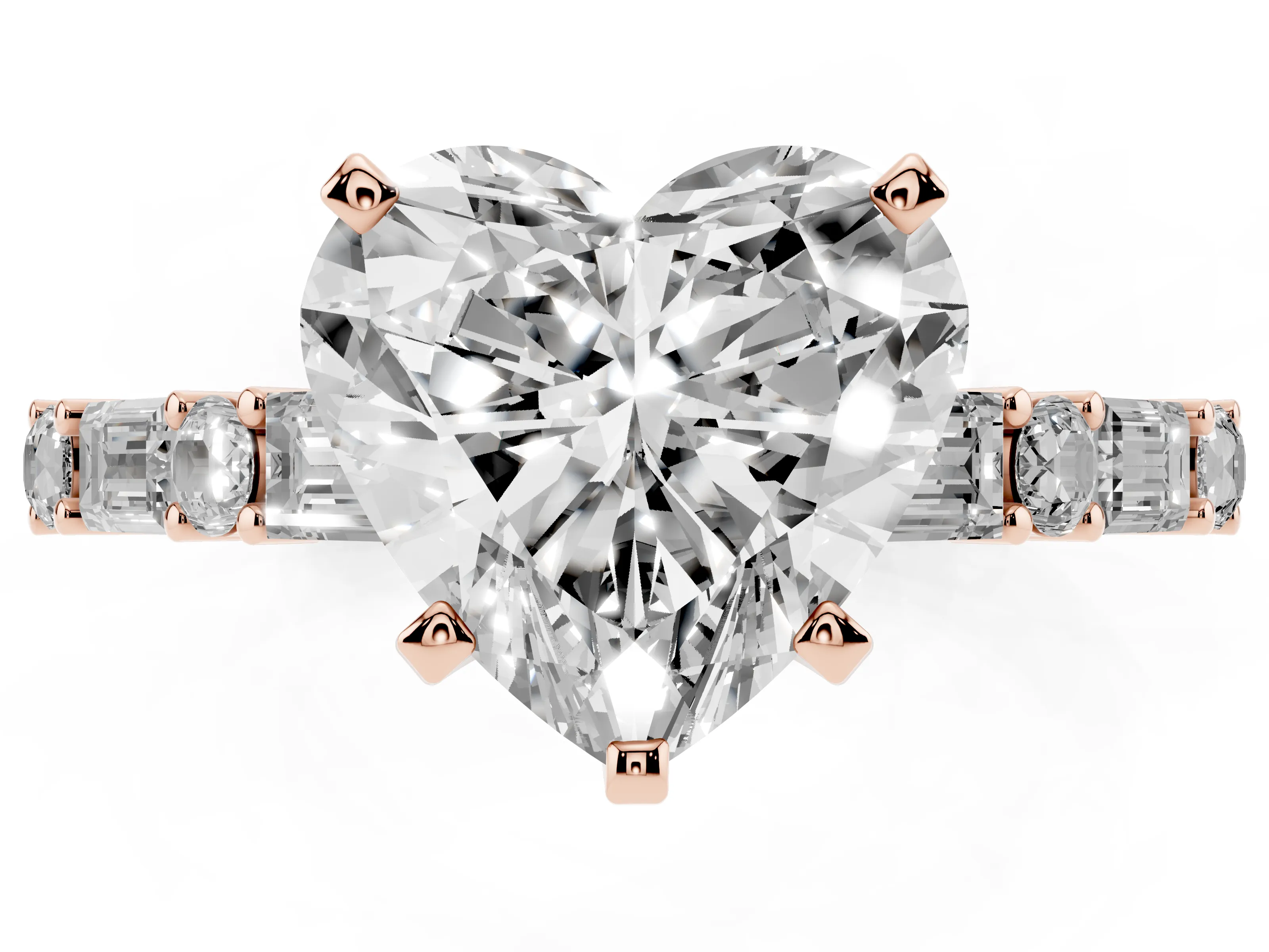 Heart Cut Diamond Solitaire Set in Rose gold with Side Baguettes and Channel Set Band