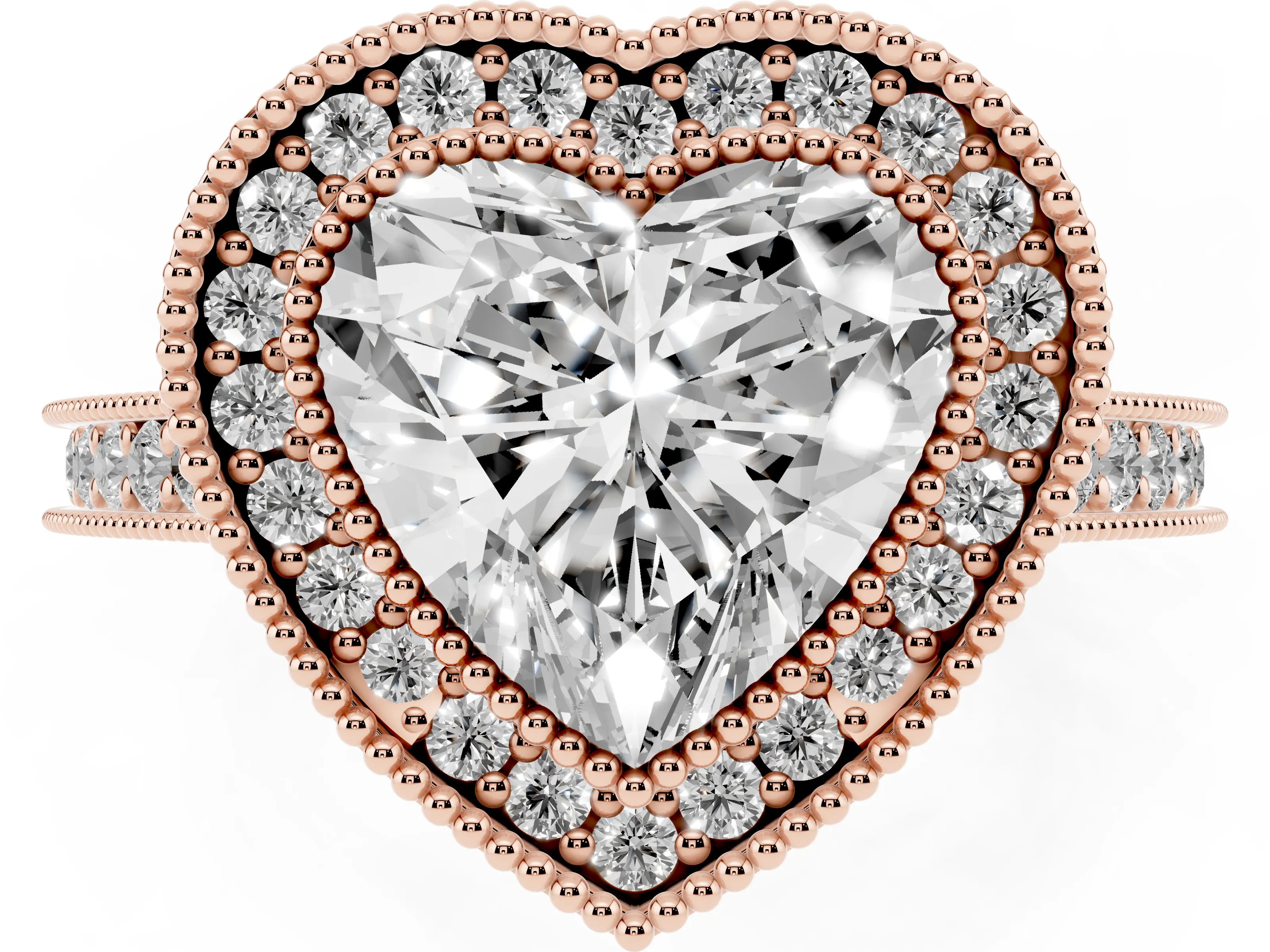 Heart Cut Diamond Halo Milgrain Pavé Band Ring Set in Rose gold with Prong Setting
