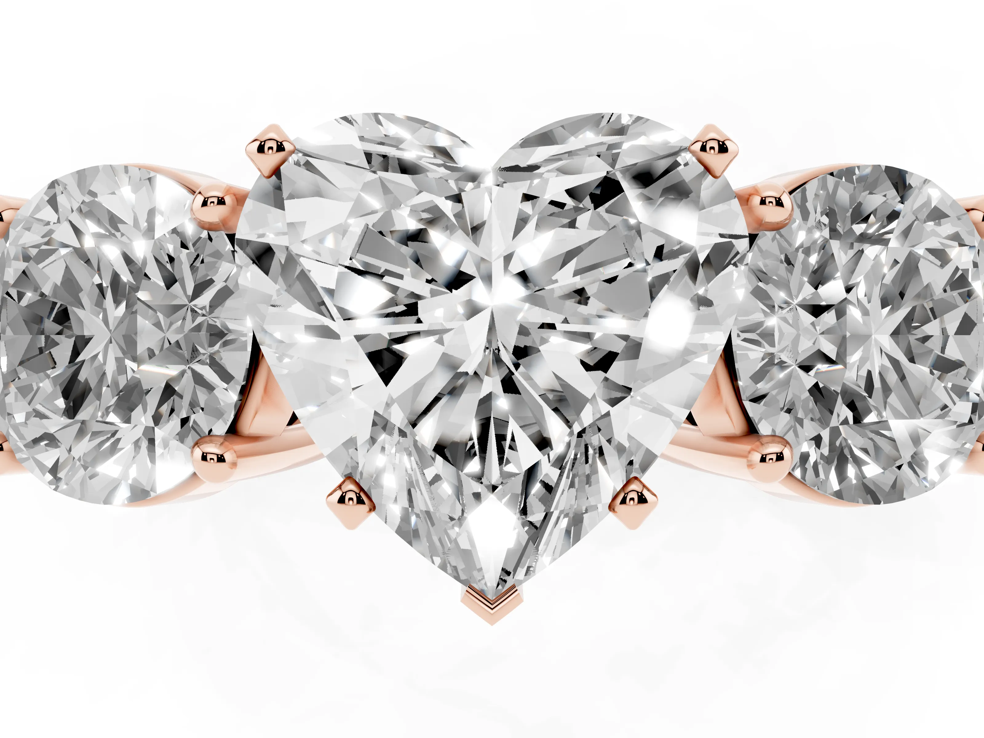 Heart Cut Diamond Three-Stone Ring Set in Rose gold with Round Side Stones and Classic Band