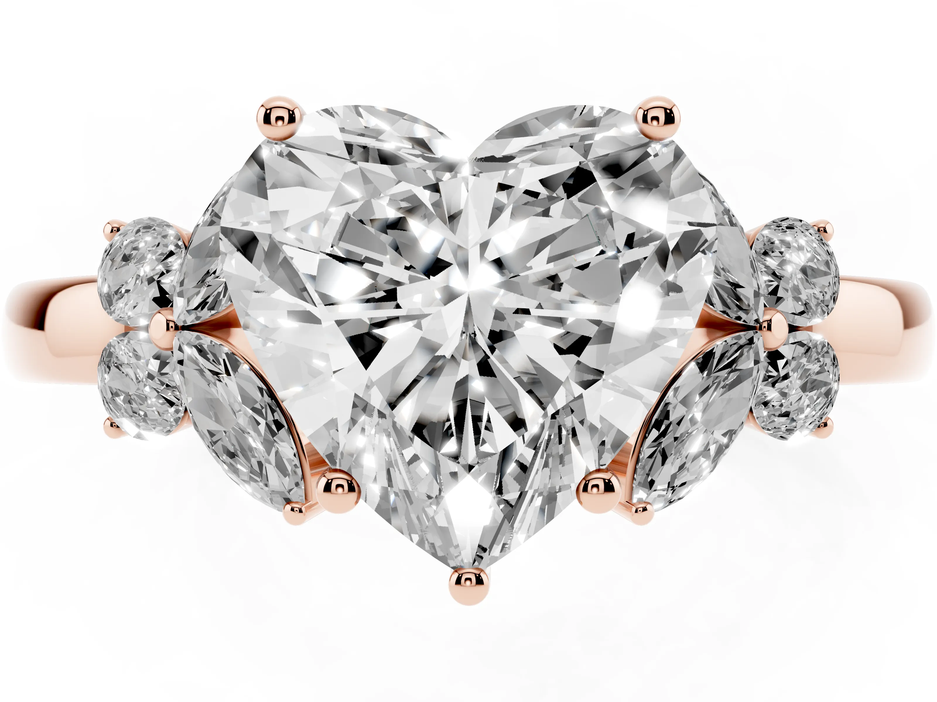 Heart Cut Diamond Solitaire Floral Ring Set in Rose gold with Marquise Petals and Prong Setting