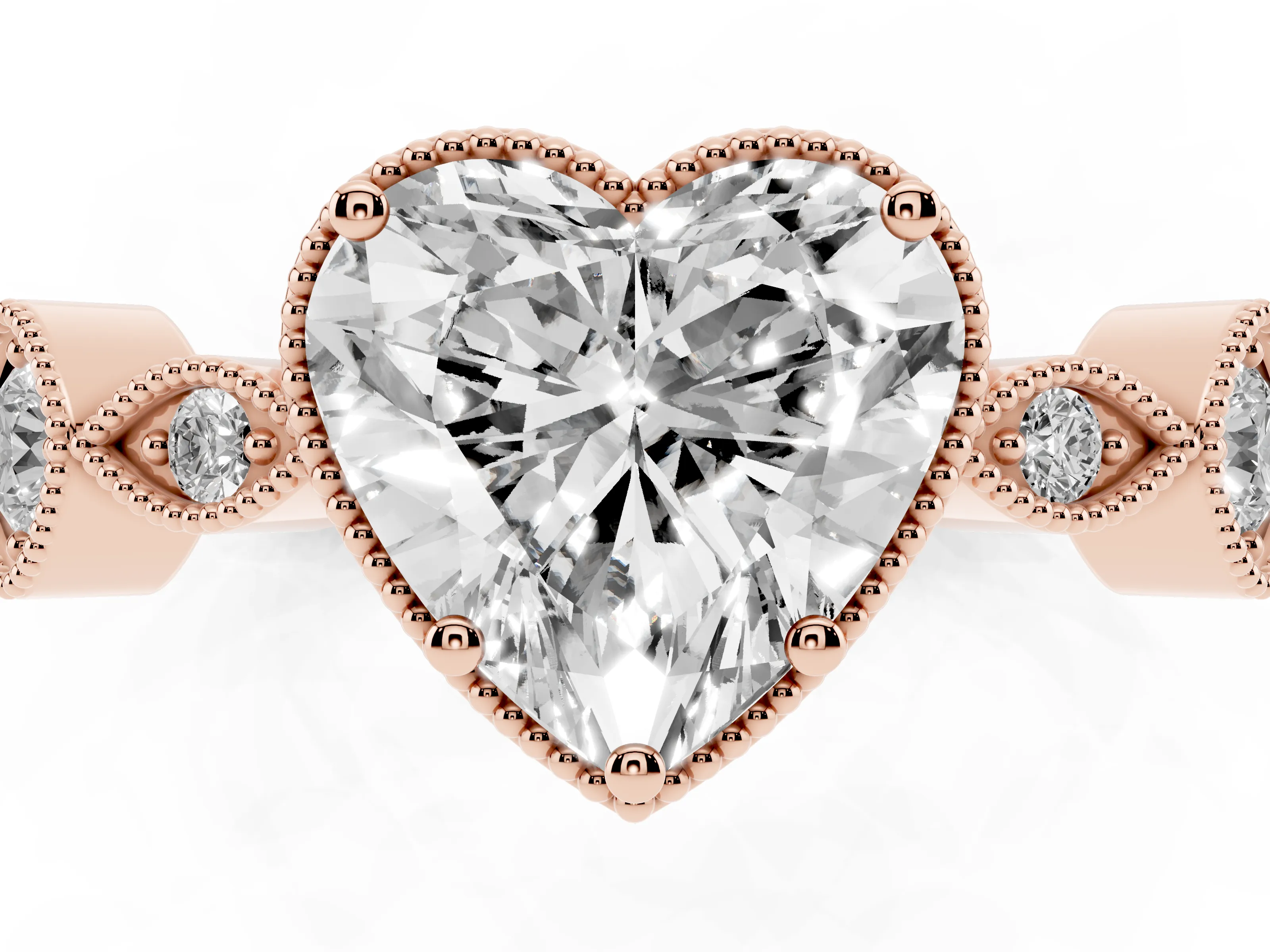Heart Cut Diamond Vintage-Inspired Milgrain Ring Set in Rose gold with Marquise Stations of Round Accents