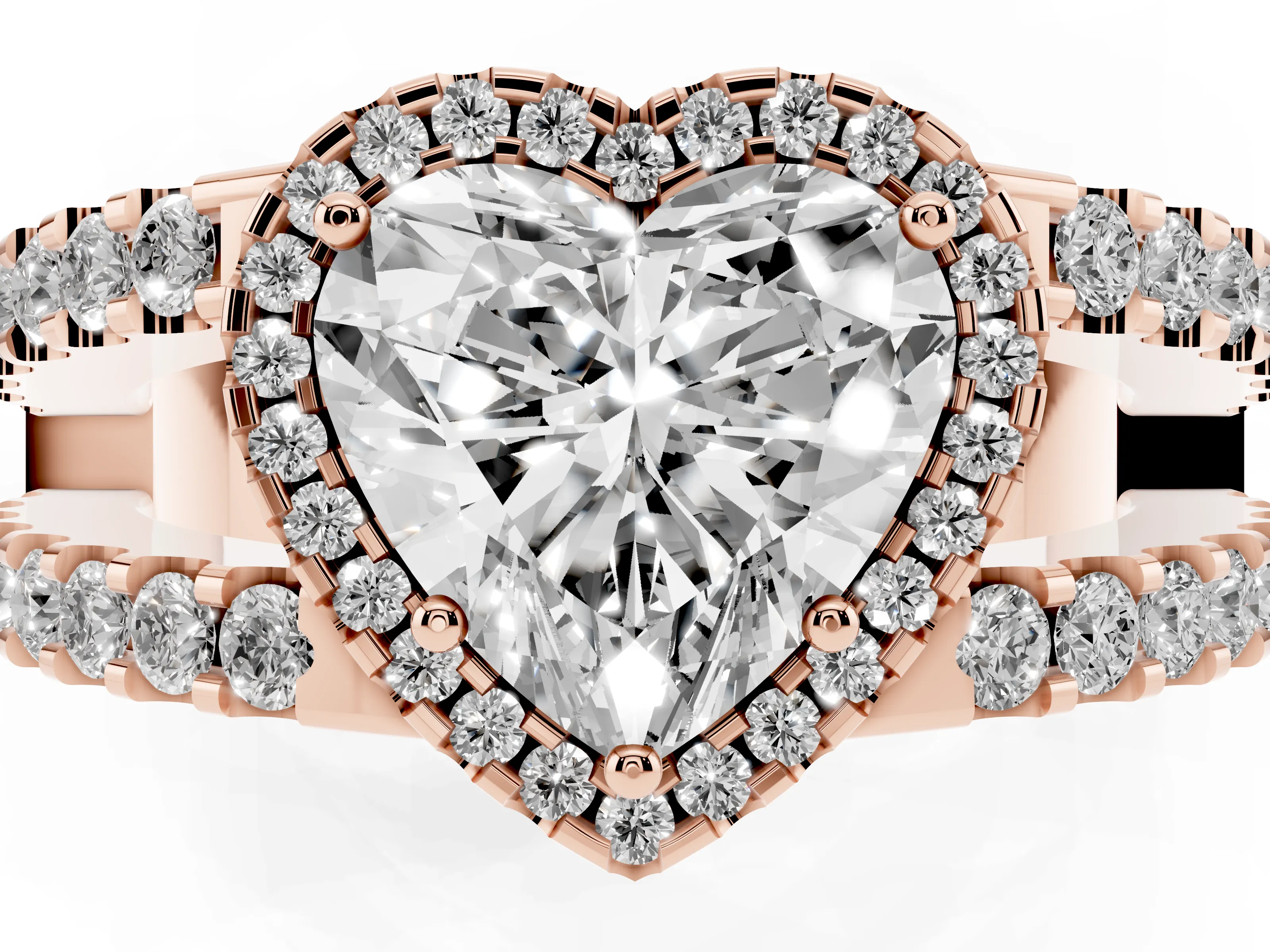 Heart Cut Diamond Halo Ring Set in Rose gold with Pavé Split Shank and Prong Setting