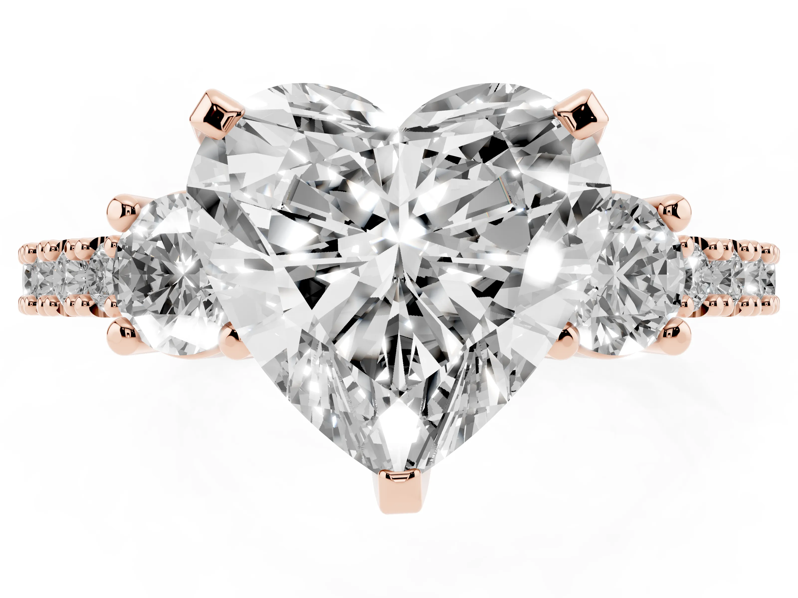 Three-Stone Heart Cut Diamond Pavé Band Ring Set in Rose gold with Prong Setting