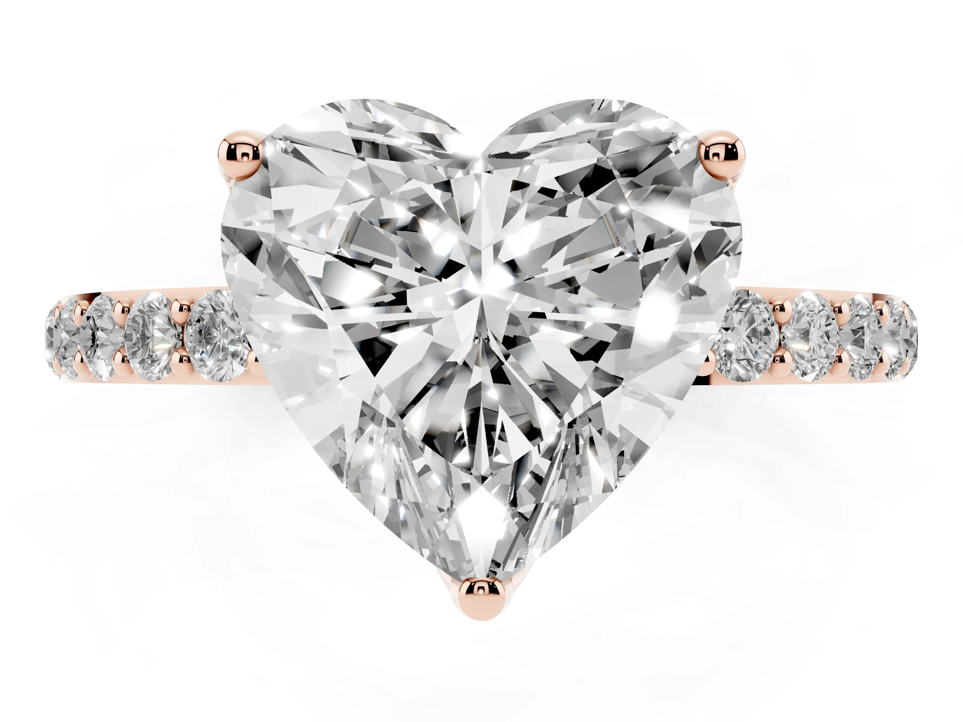 Heart Cut Diamond Solitaire Engagement Ring Set in Rose gold with Round Pavé Band and Prong Setting