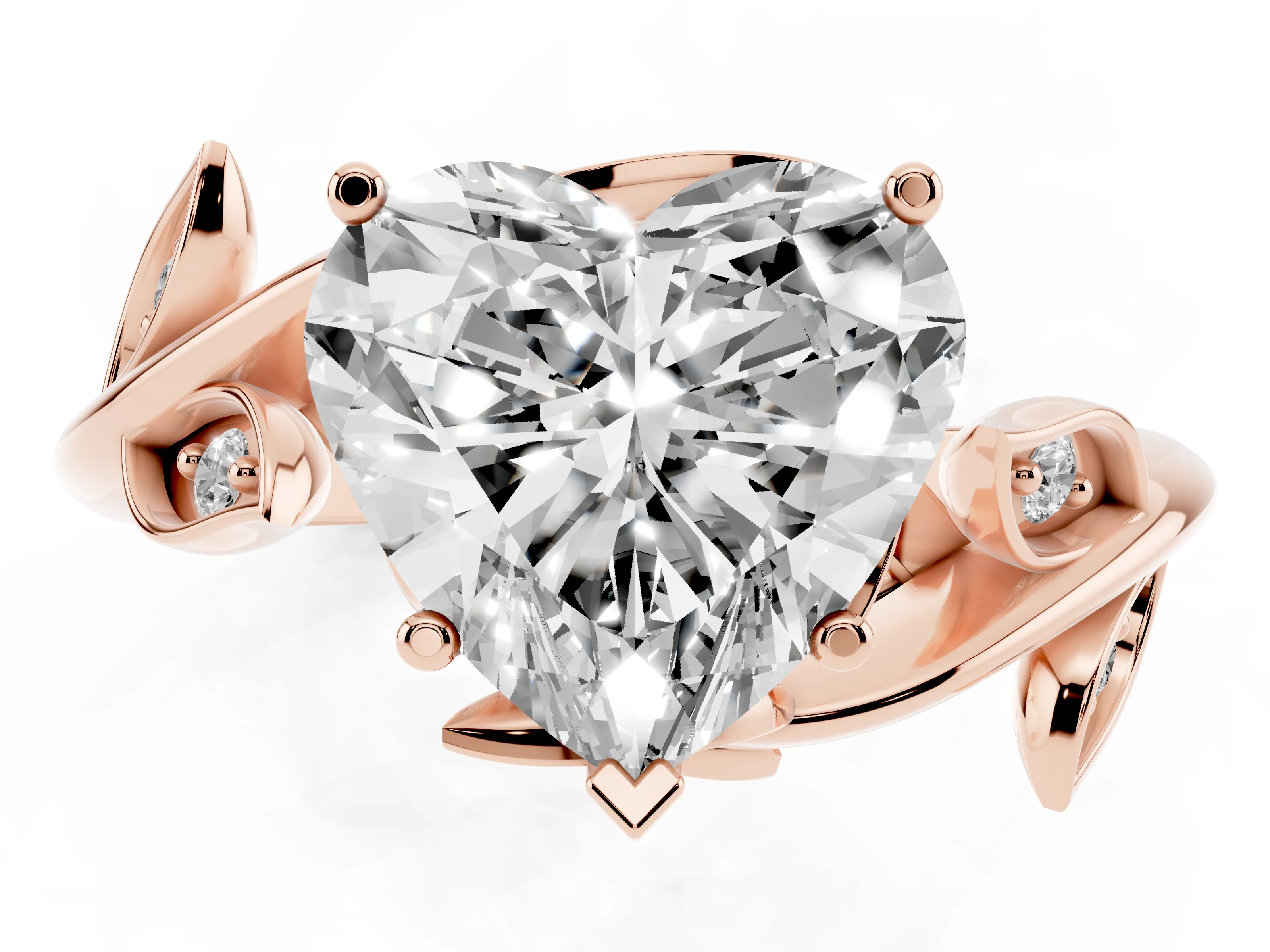 Heart Cut Diamond Solitaire Twist Engagement Ring Set in Rose gold with Pavé Leaf Accents