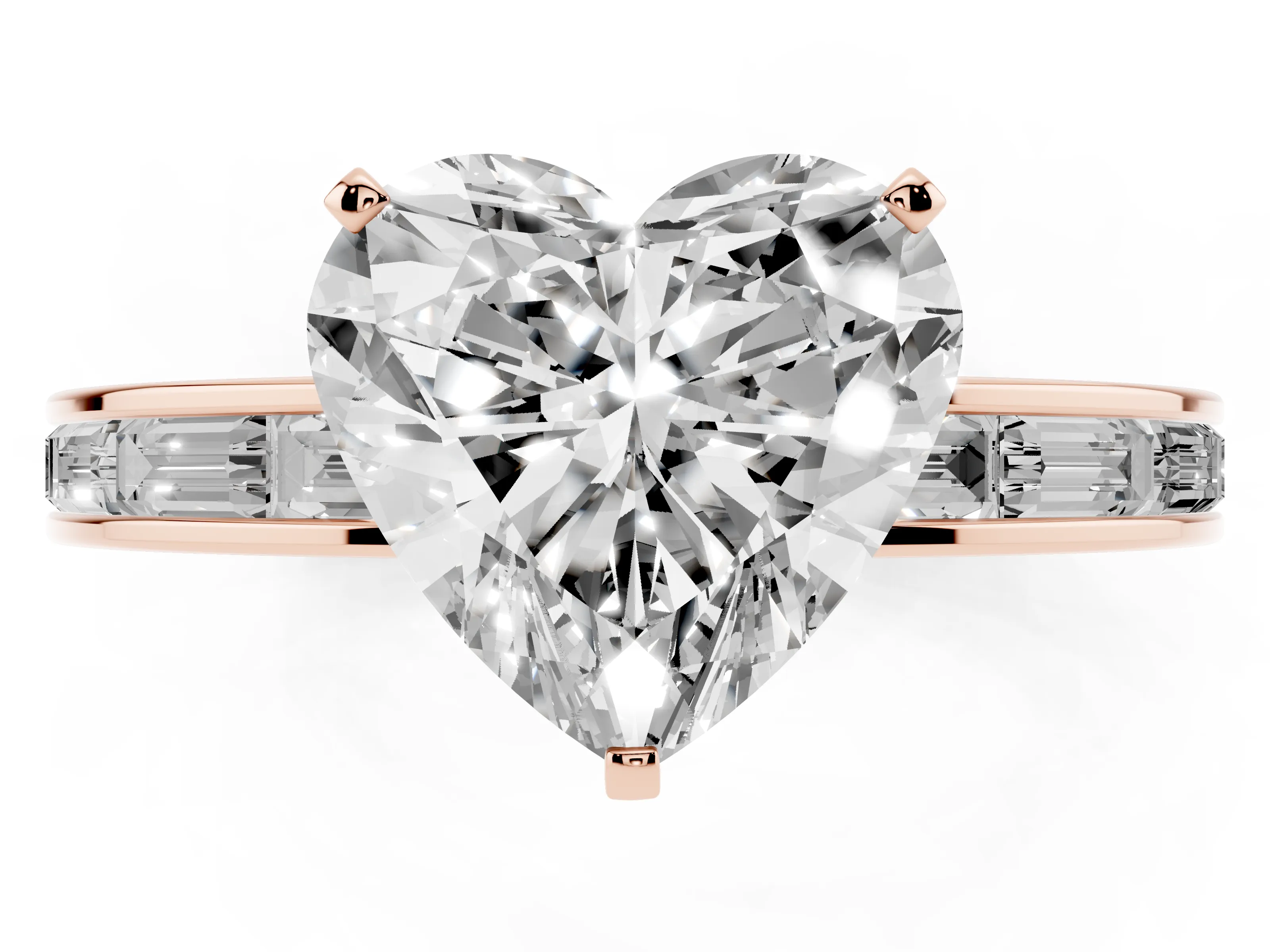 Heart Cut Diamond Solitaire Ring Set in Rose gold with Channel-Set Baguette Band and Prong Setting
