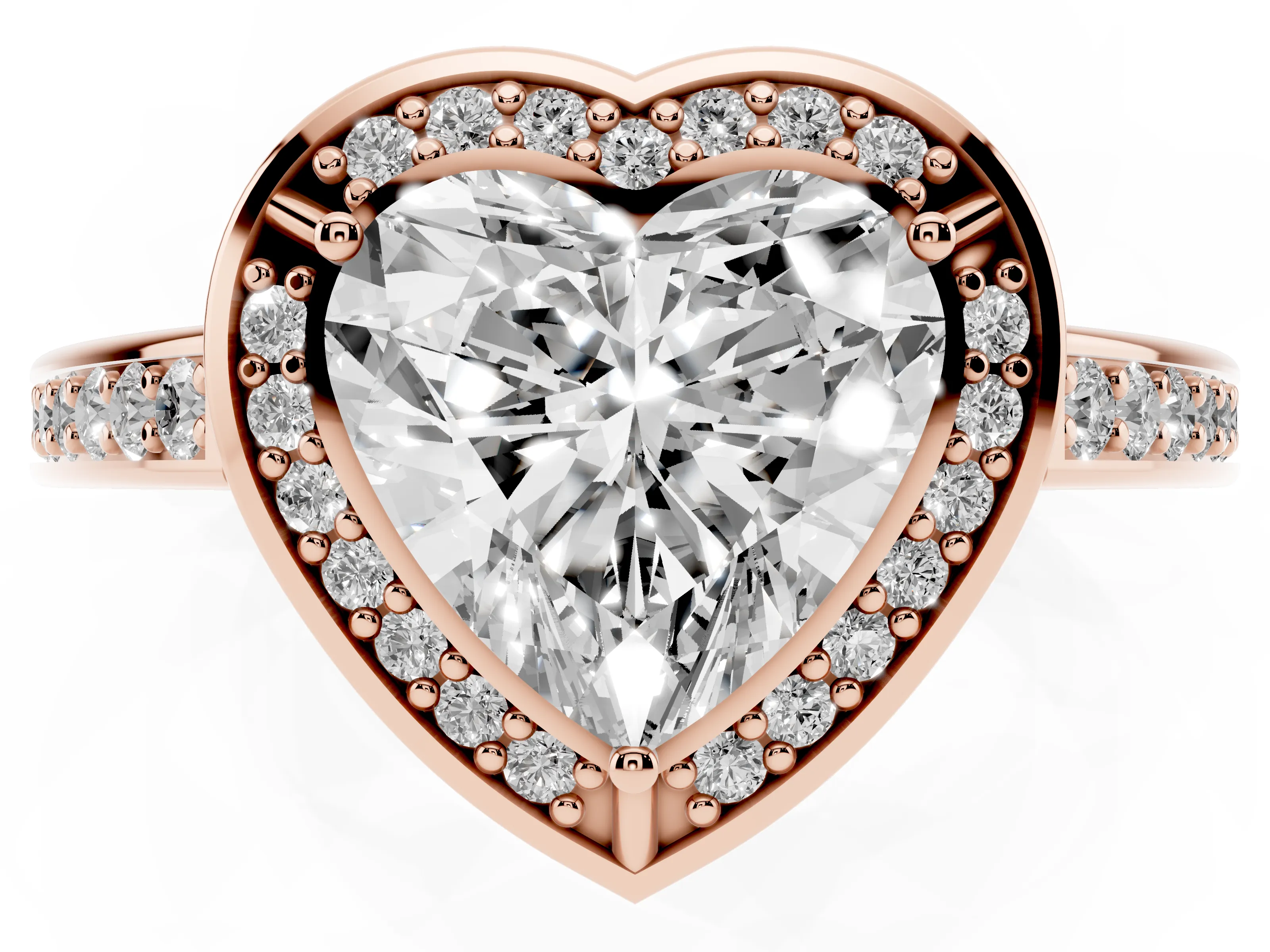 Heart Cut Diamond Halo Pavé Split Shank Ring Set in Rose gold with Prong Setting