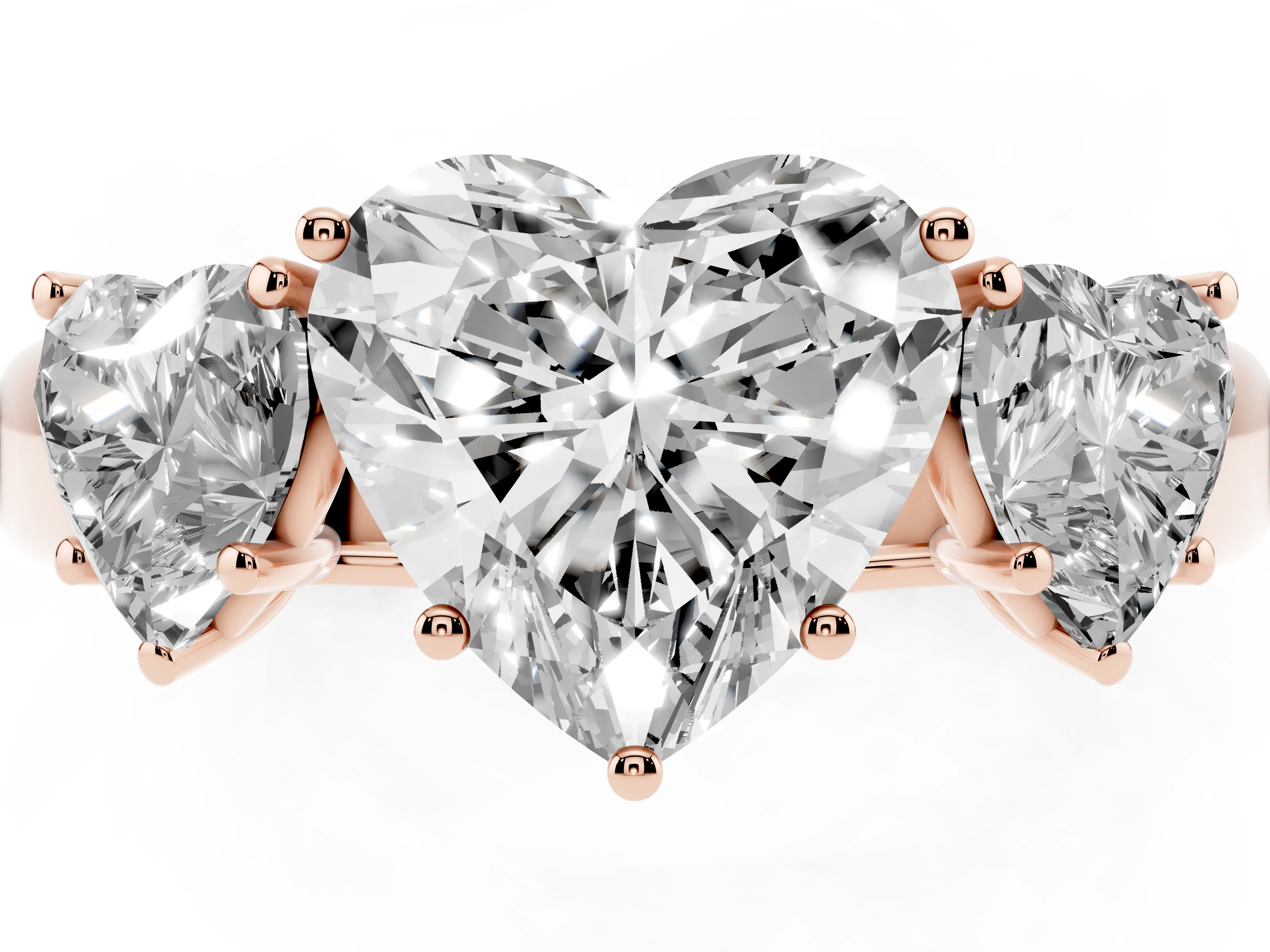Three-Stone Heart Cut Diamond Ring Set in Rose gold with Matching Prong Settings and Plain Band