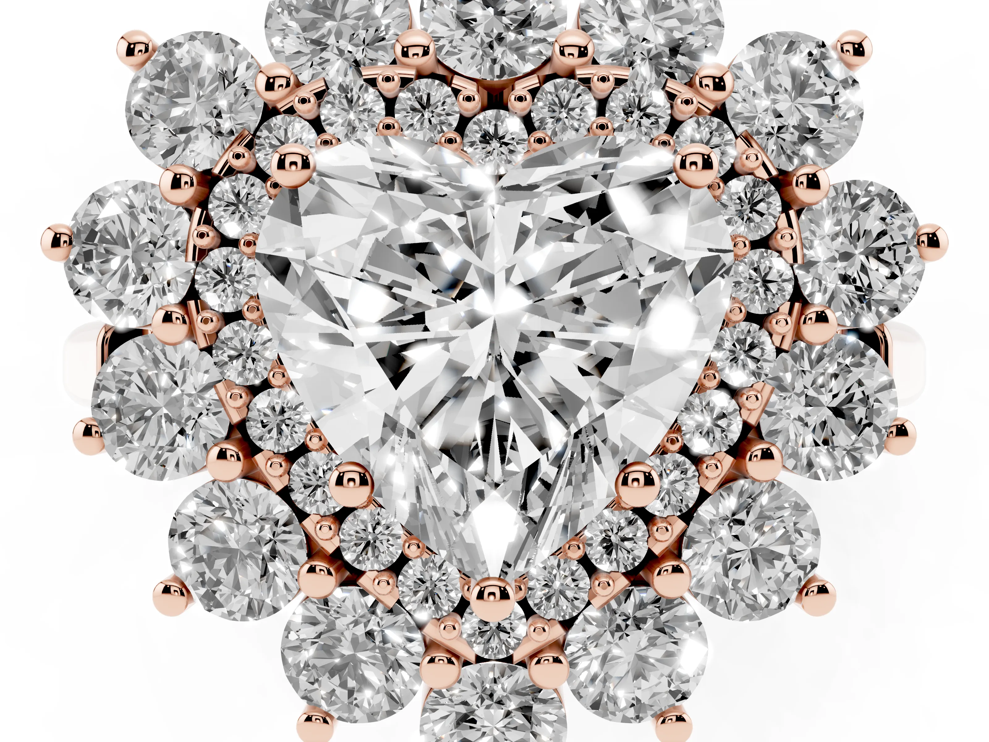 Heart Cut Diamond Floral Double Halo Ring Set in Rose gold with Round Petals