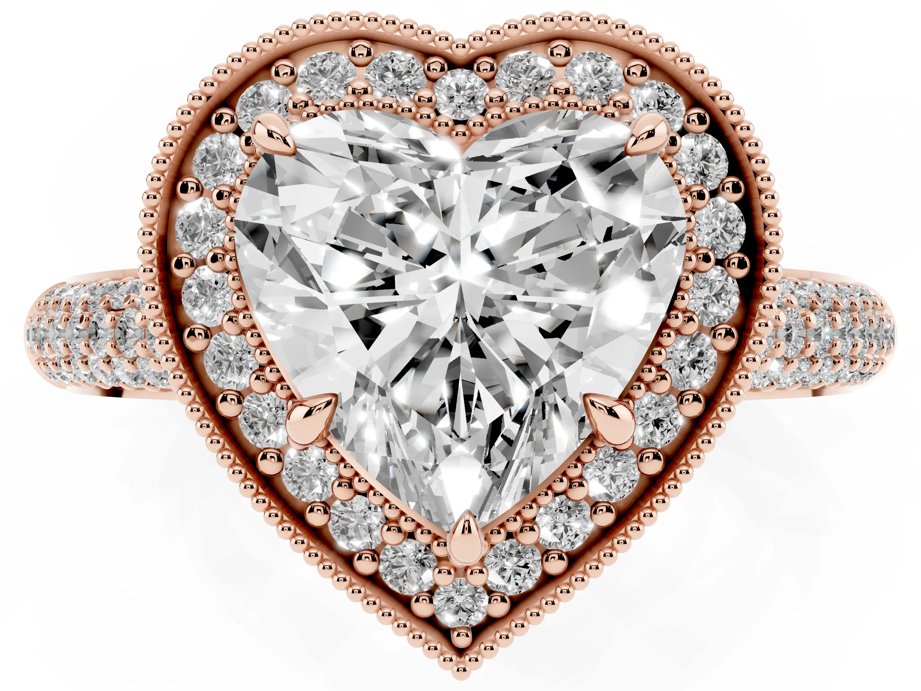 Heart Cut Diamond Halo Pavé Band Set in Rose gold with Prong Setting