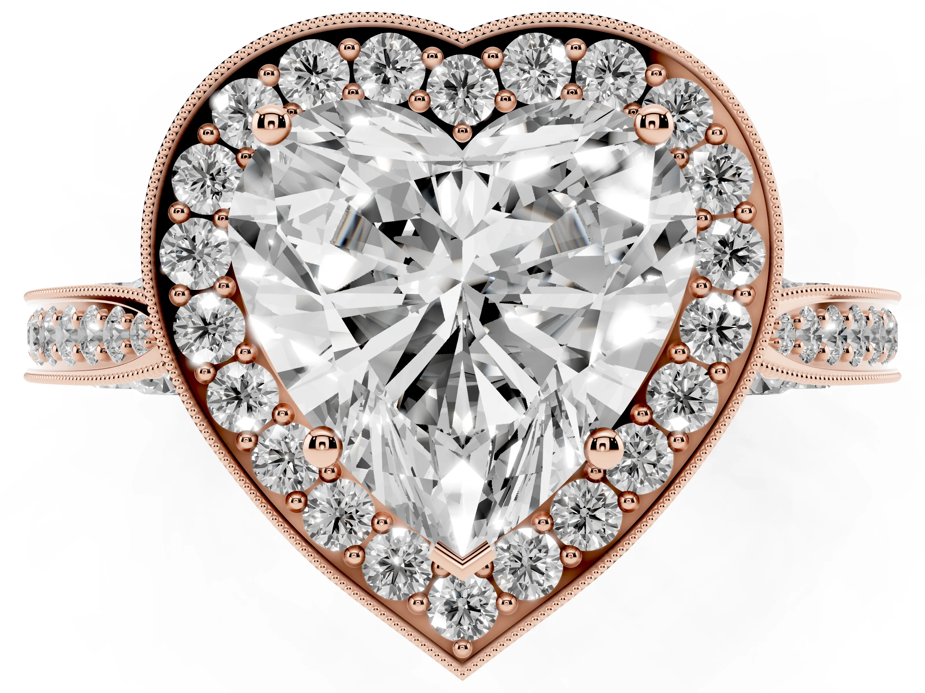 Heart Cut Diamond Halo Engagement Ring Set in Rose gold with Accent Split Shank Band