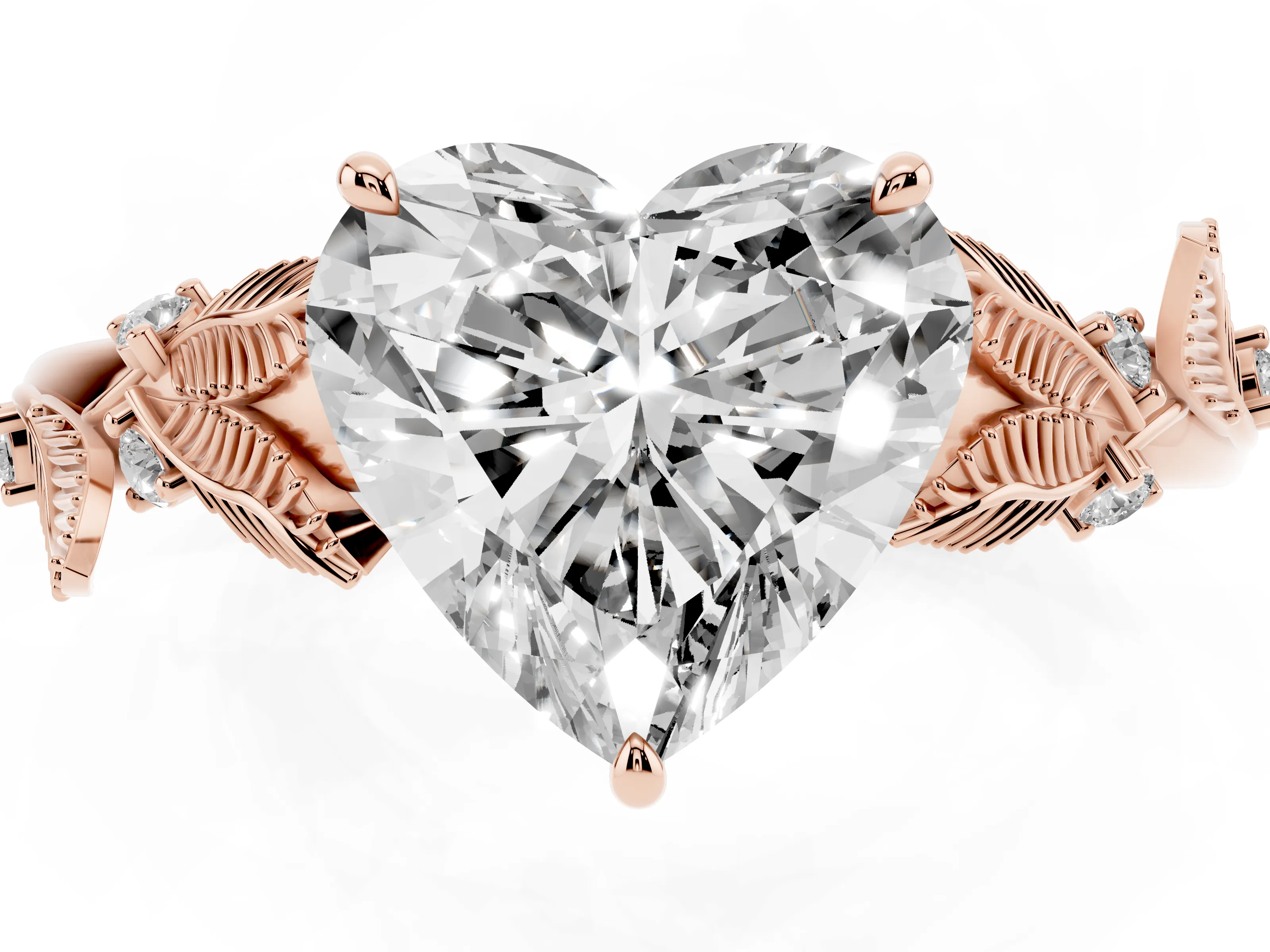 Heart Cut Diamond Solitaire Ring Set in Rose gold with Leaf Motif Band