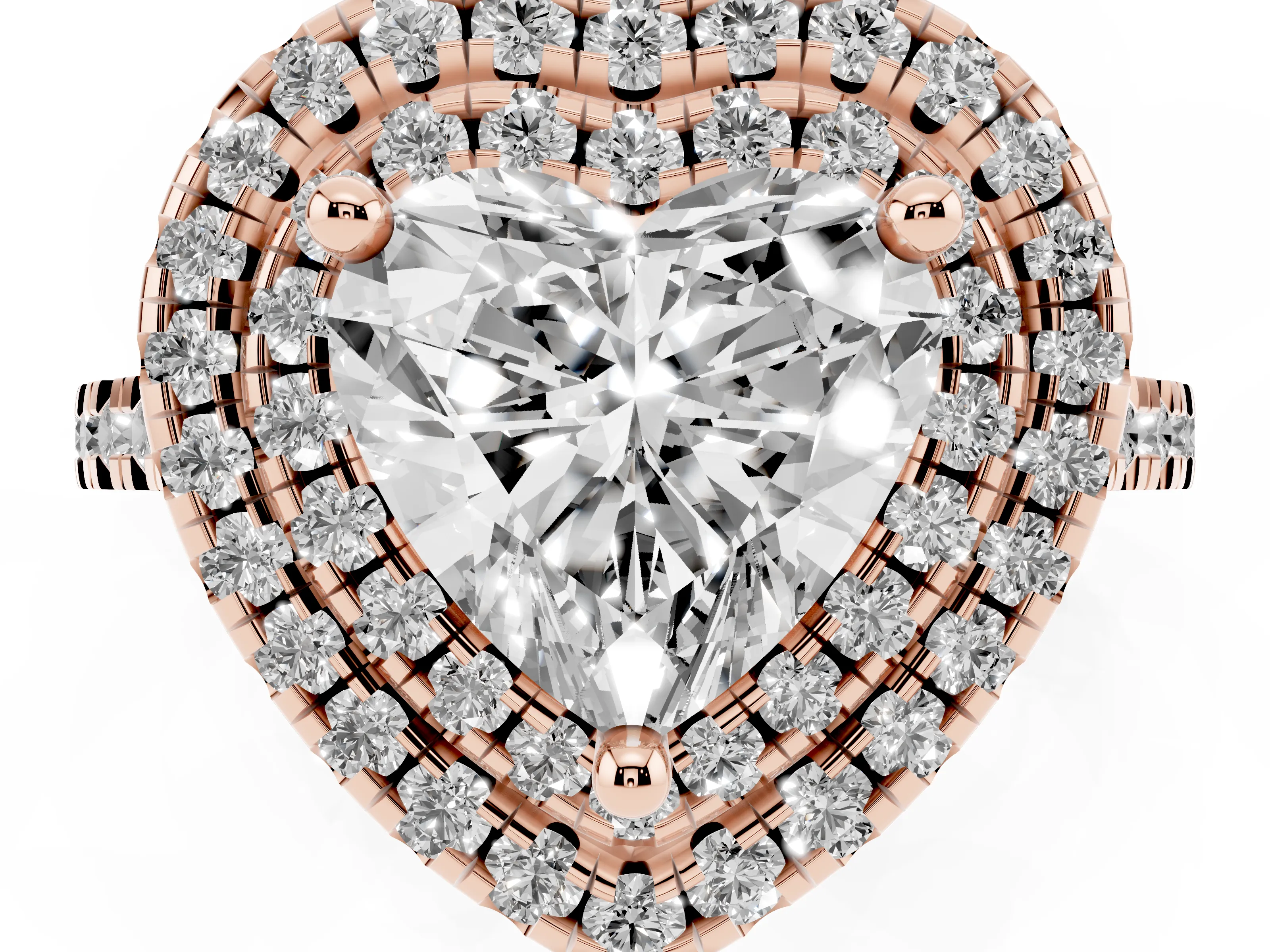Heart Cut Diamond Double Halo Statement Ring Set in Rose gold with Pavé Band
