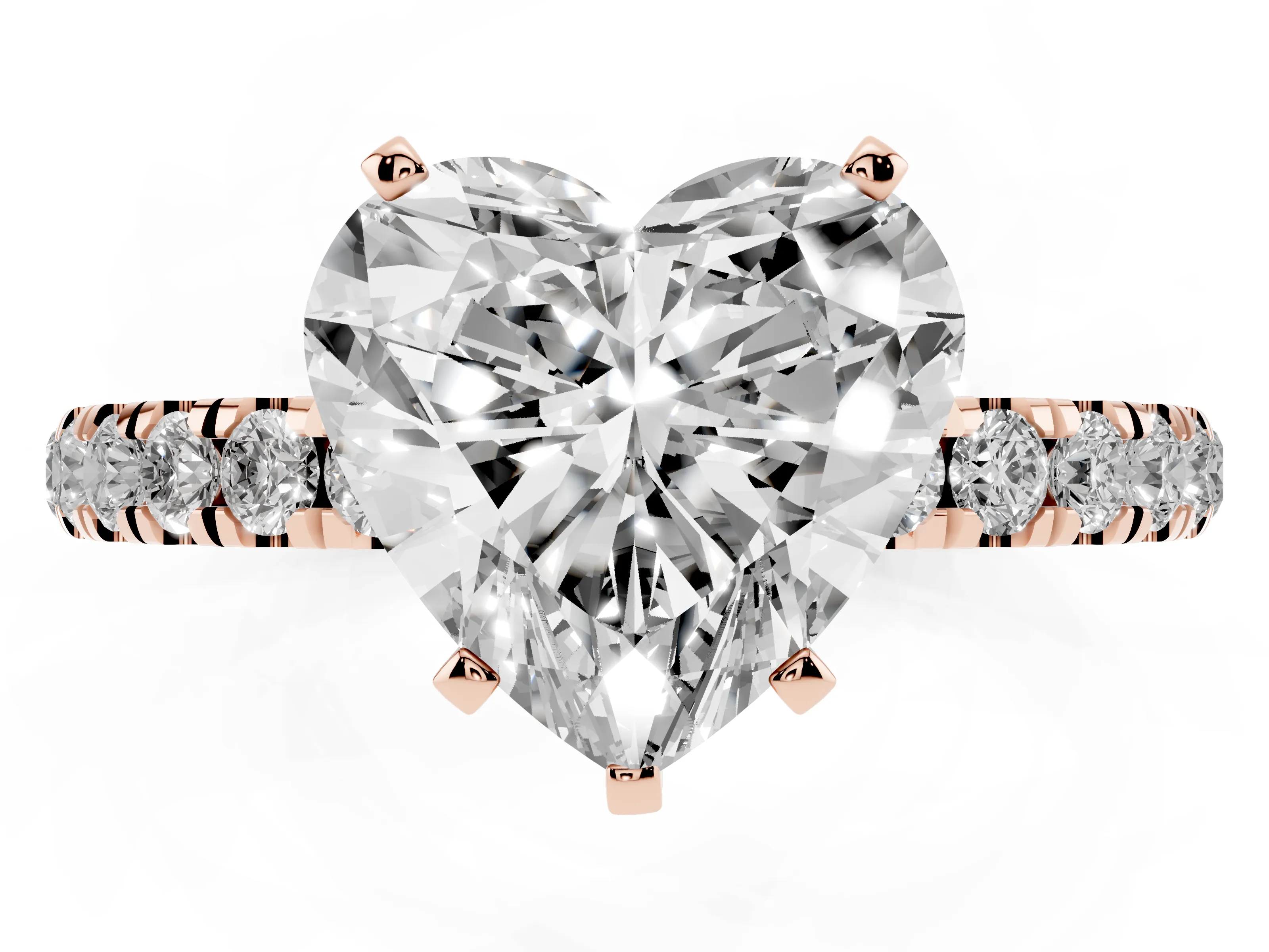 Heart Cut Diamond Solitaire Ring Set in Rose gold with Pavé Accents and Prong Setting