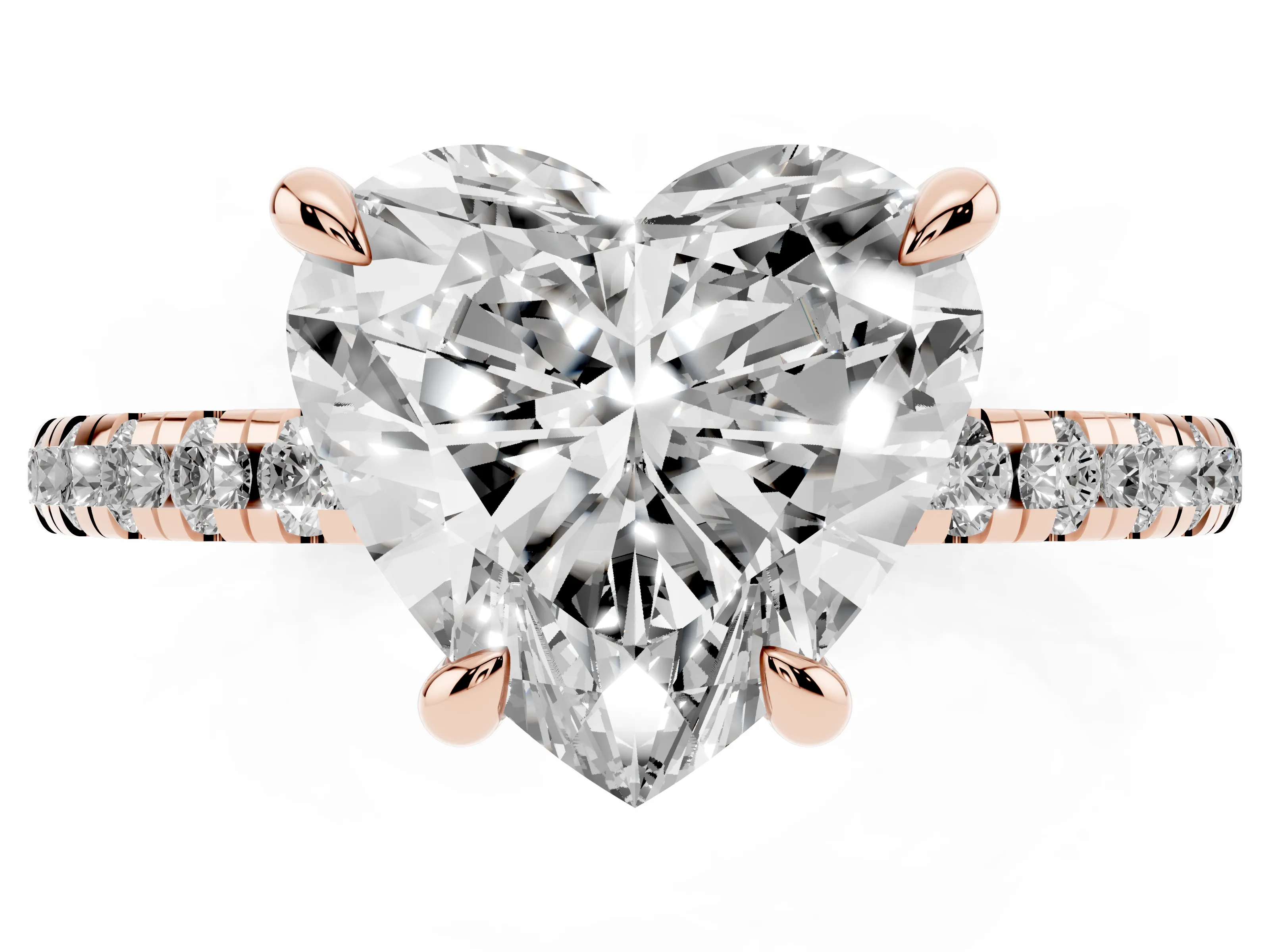 Heart Cut Diamond Brilliant Solitaire Ring Set in Rose gold with Pavé Band and Prong Setting