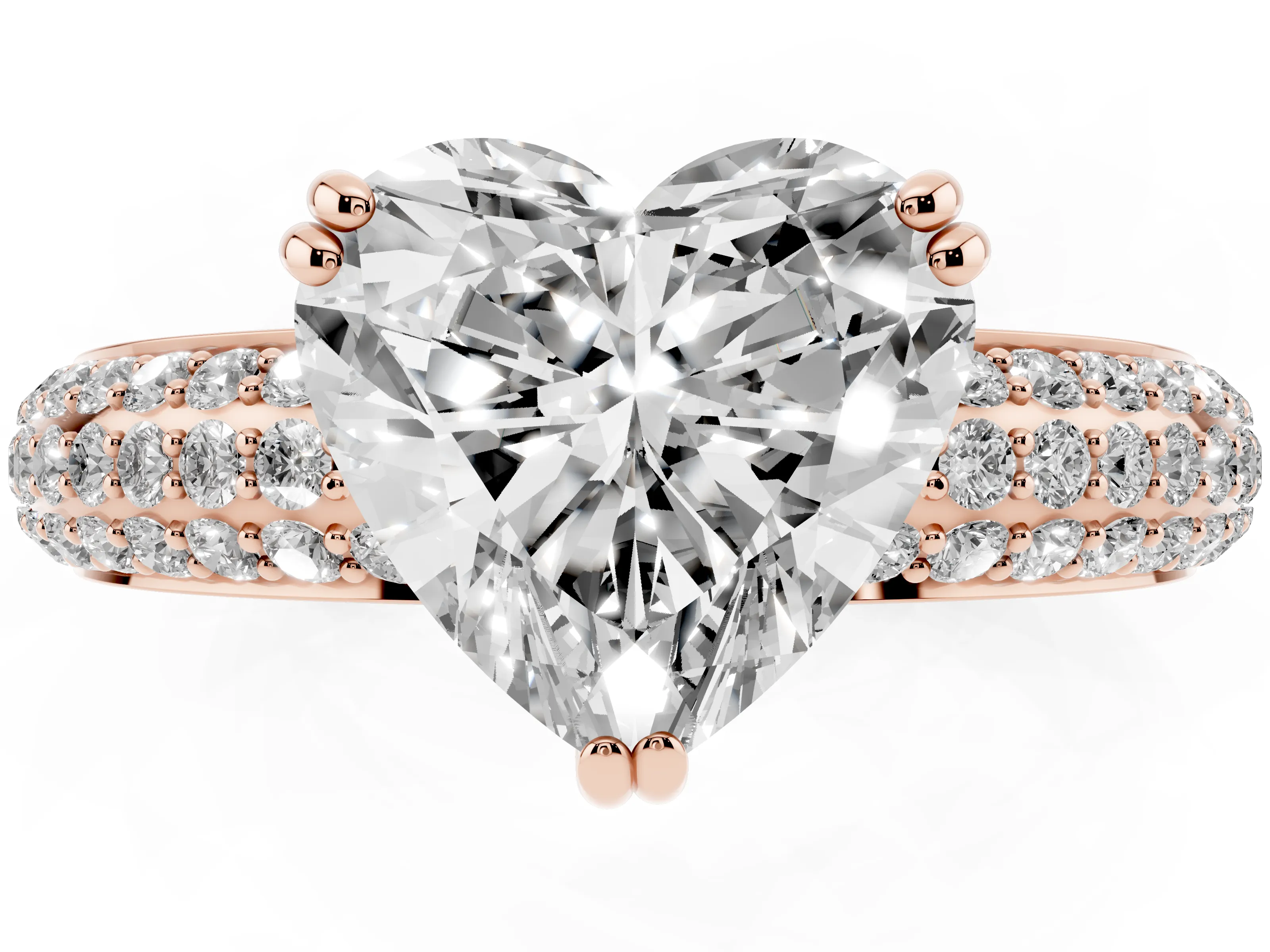 Heart Cut Diamond Solitaire Ring Set in Rose gold with Multi-Row Round Pavé Band and Prong Setting