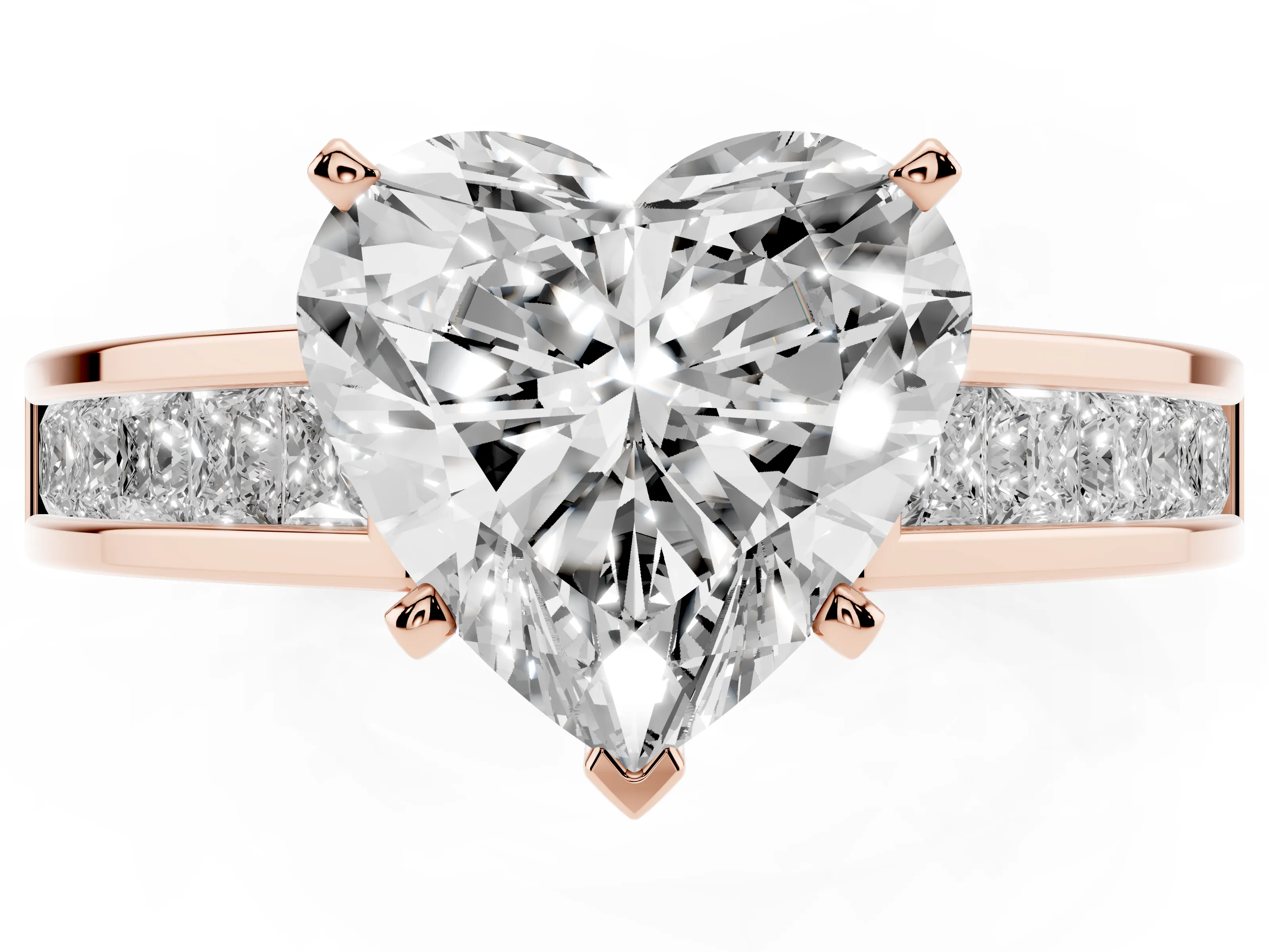 Heart Cut Diamond Solitaire Ring Set in Rose gold with Channel-Set Band and Prong Setting