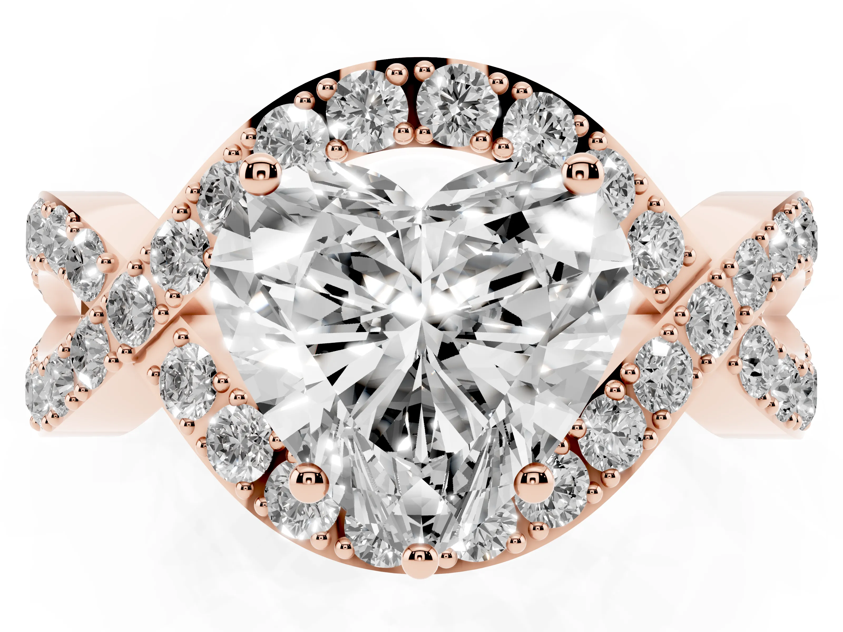 Heart Cut Diamond Solitaire Twist Band Pavé Engagement Ring Set in Rose gold