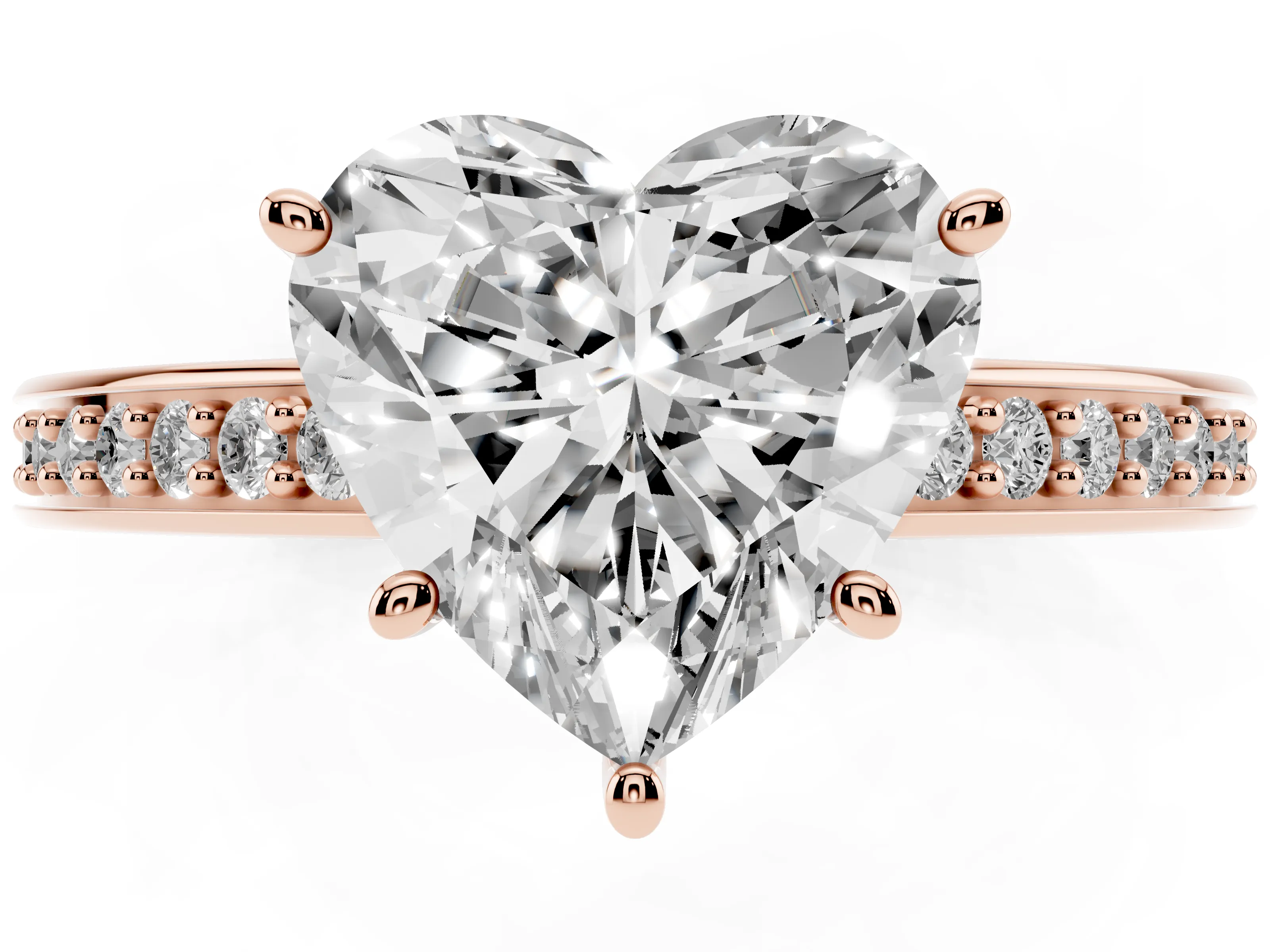 Heart Cut Diamond Pavé Band Prong Set Solitaire Ring Set in Rose gold