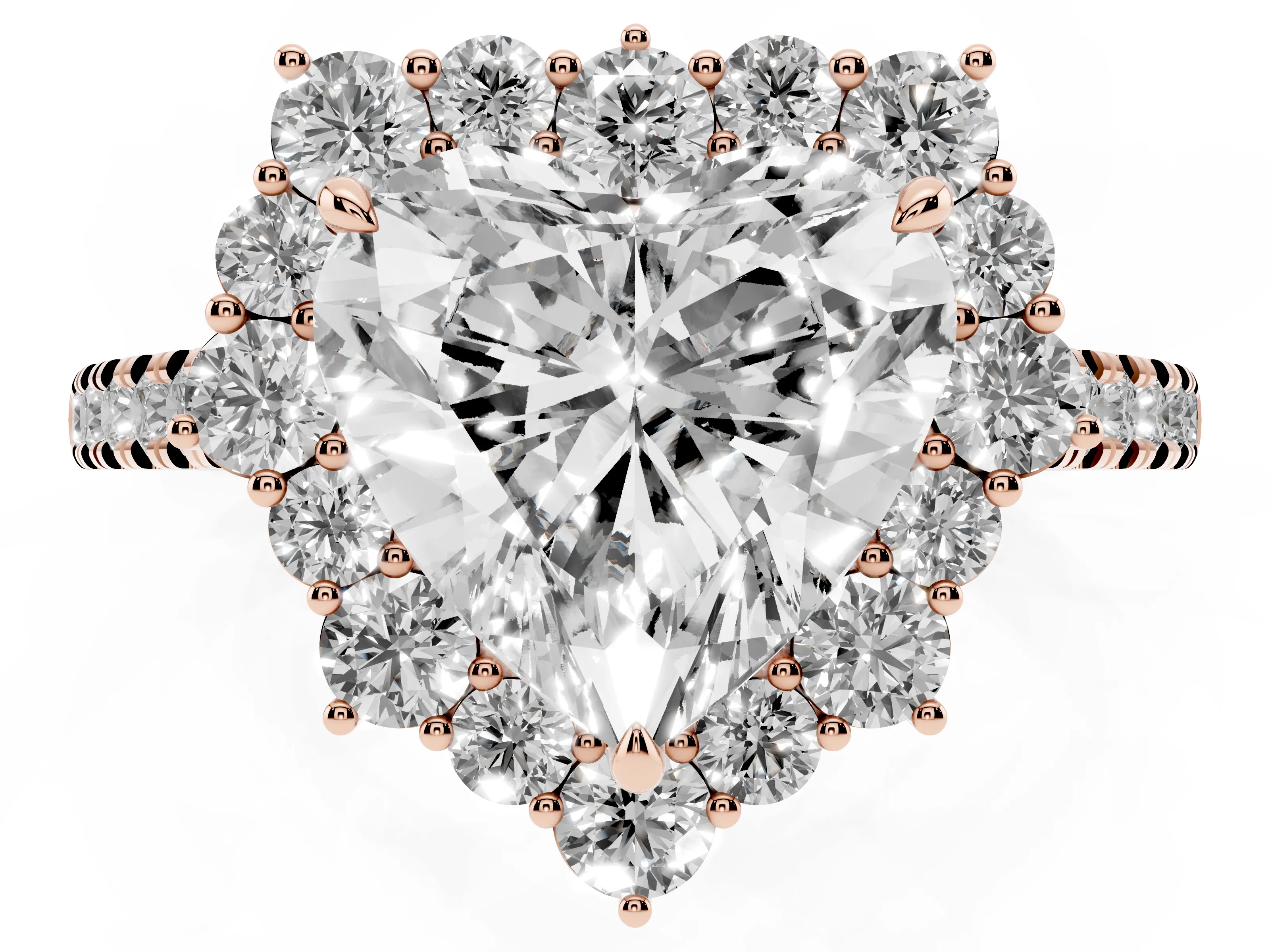 Heart Cut Diamond Halo Ring Set in Rose gold with Pavé Band and Prong Setting
