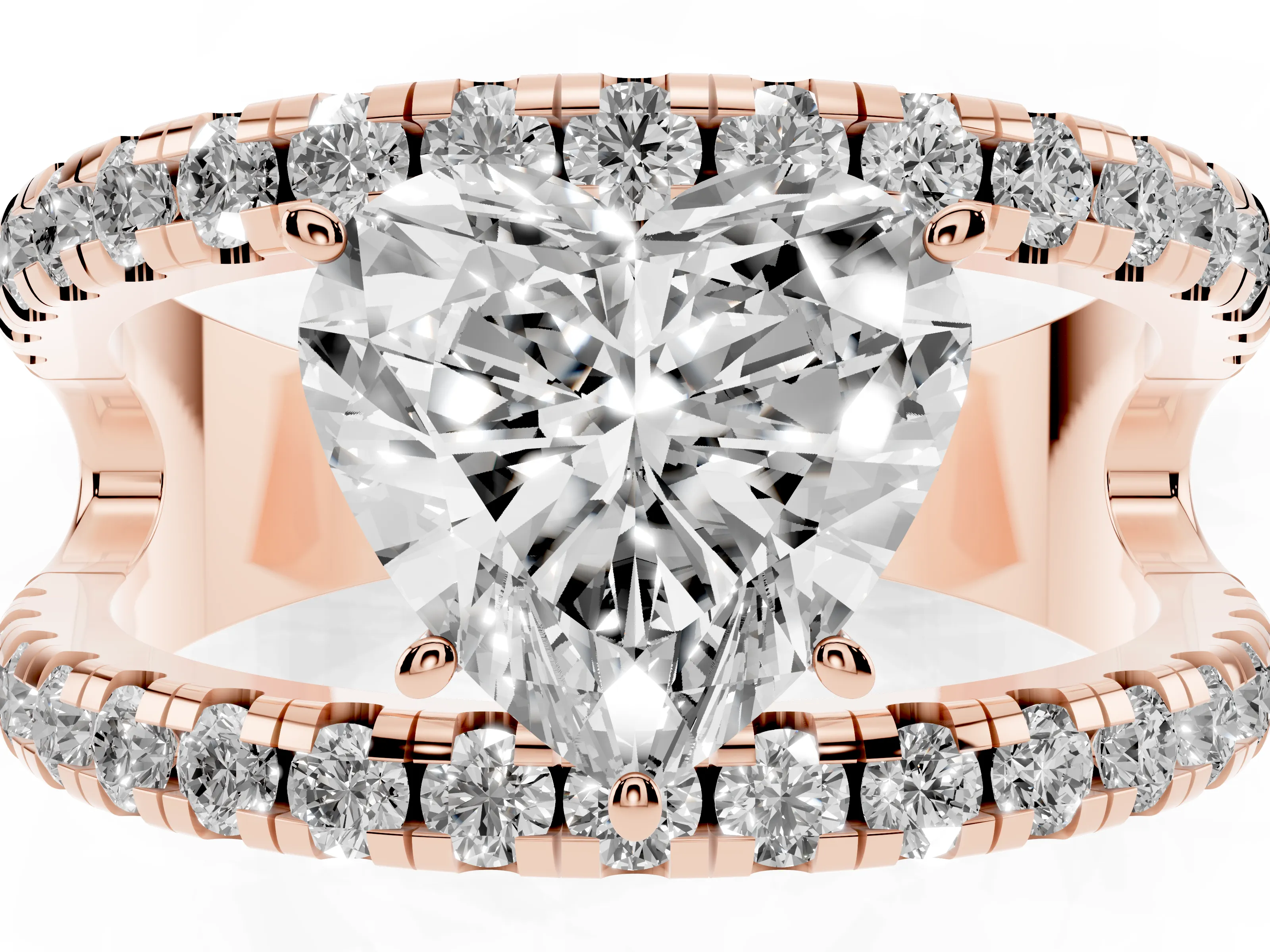 Heart Cut Diamond Split Shank Pavé Solitaire Ring Set in Rose gold with Open Shank Design